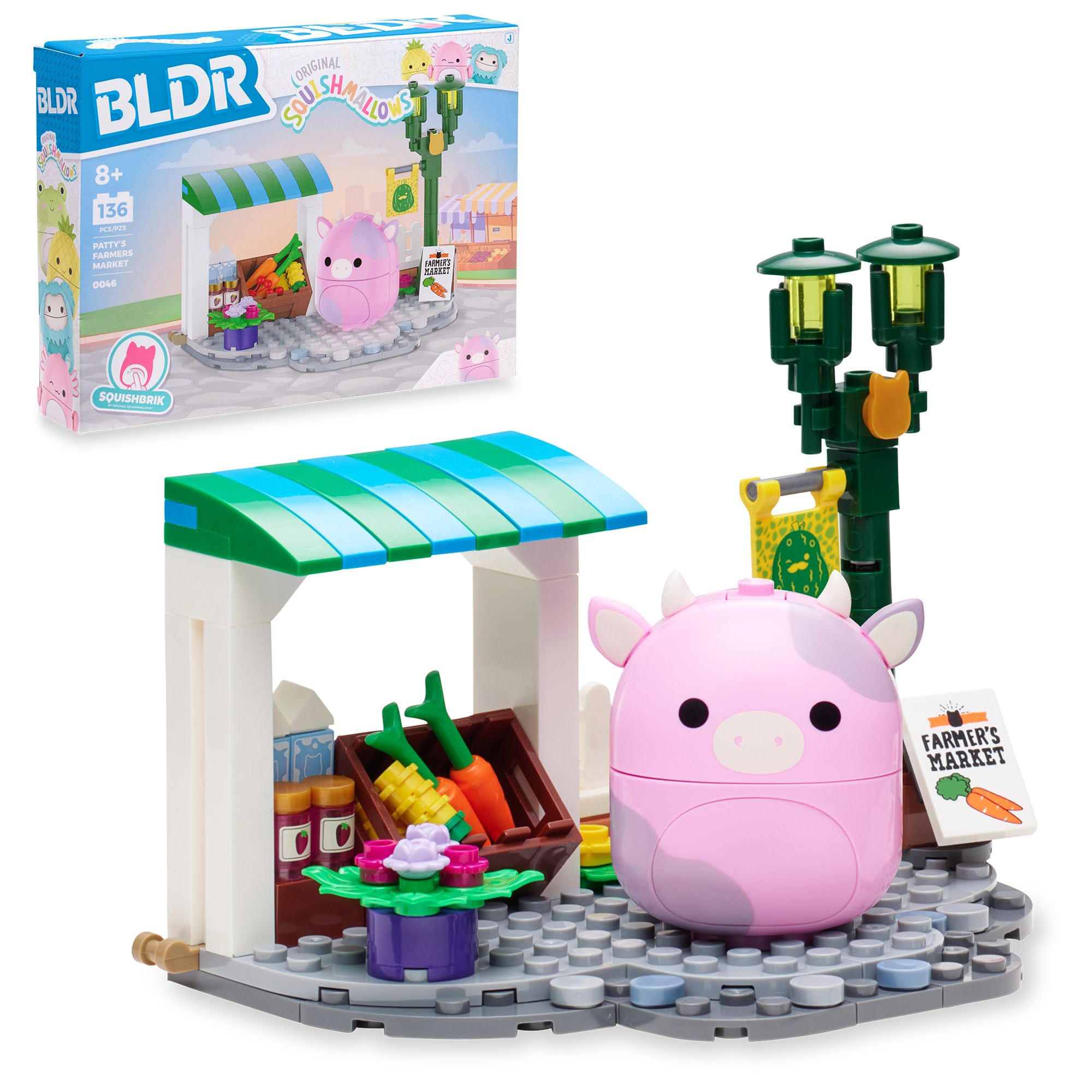 BLDR Squishmallows Patty’s Farmers Market Building Set - 136-Piece Playset with Patty the Pink Cow Figure 1