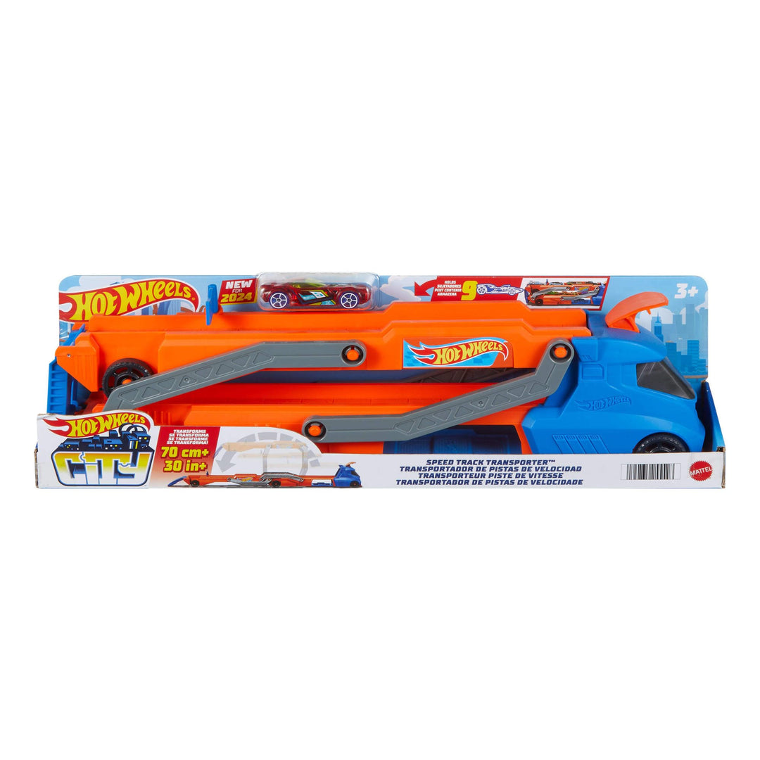Hot Wheels Speed Track Transporter Playset - Orange City Speed Vehicle with 1:64 Scale Car & 2.5-Foot Track for Kids