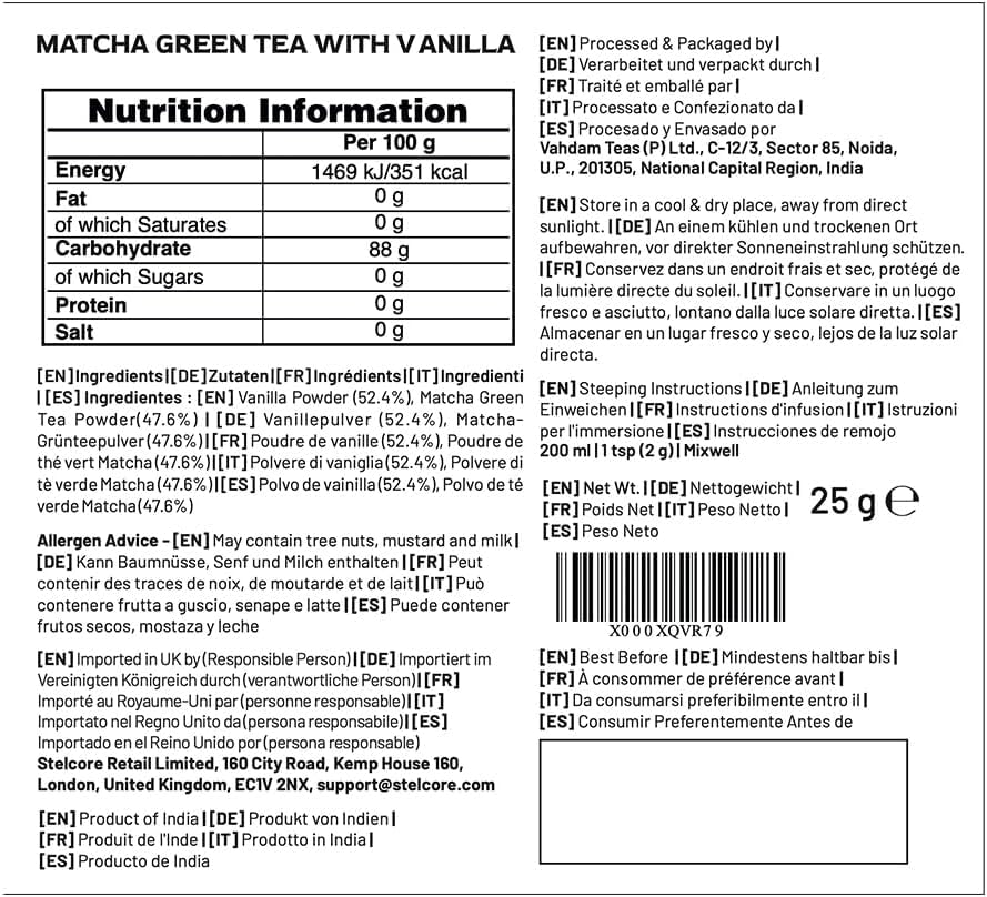 VAHDAM - Vanilla Matcha Green Tea Powder (25g, 12 Servings)