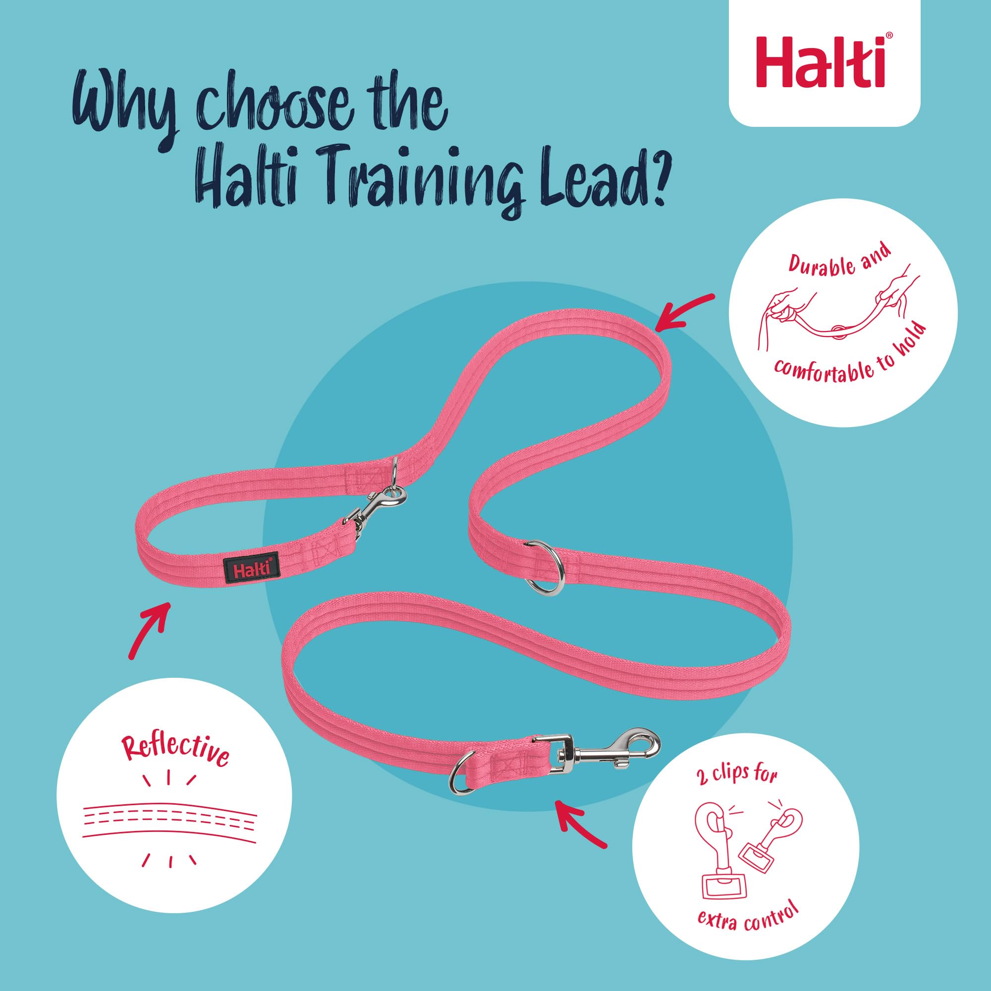 Halti Training Lead - Versatile Multi-Use Dog Lead | Pink, Large, 2m 3