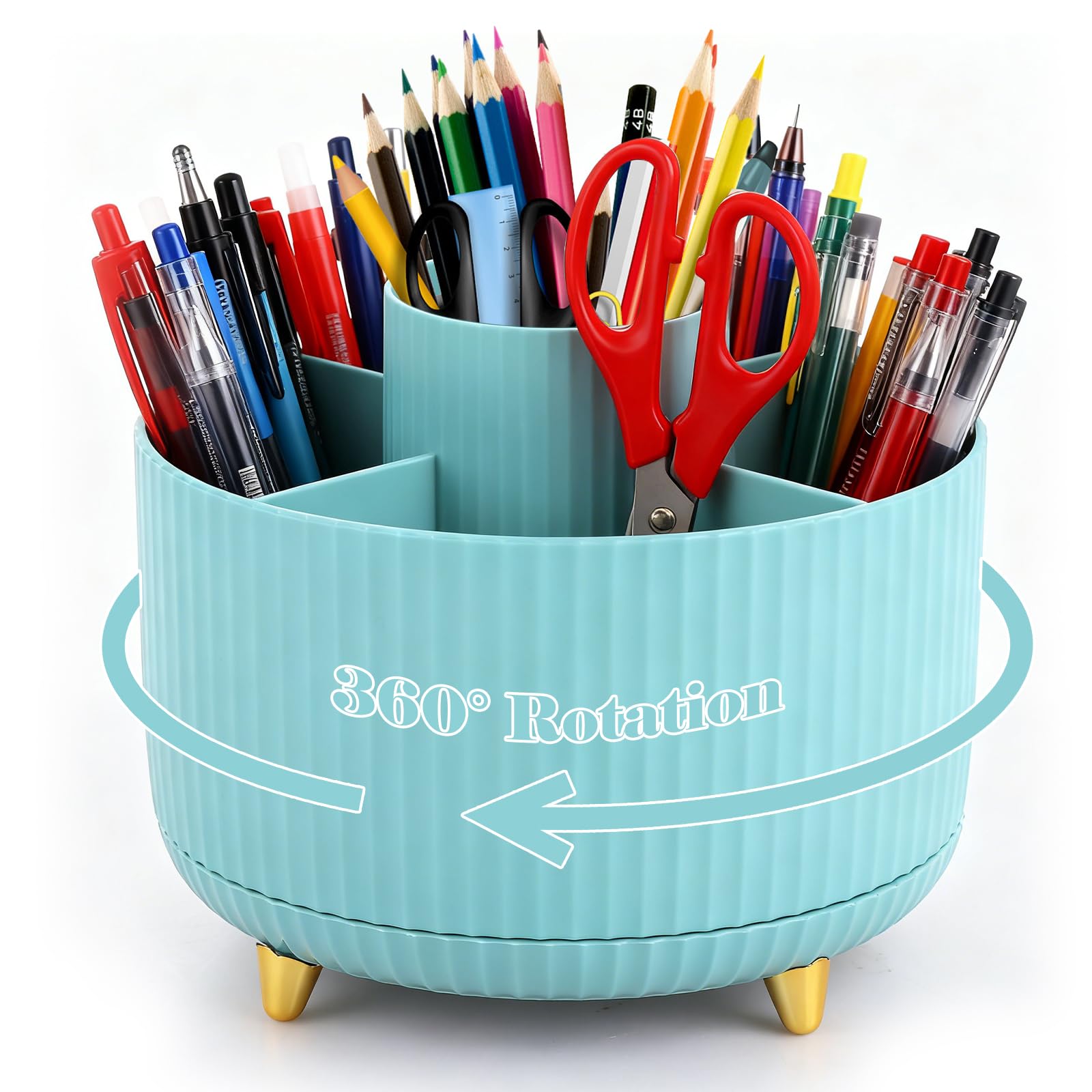 Lychico Desk Organiser - 360° Rotating Pencil Cup with 5 Compartments | Blue Plastic