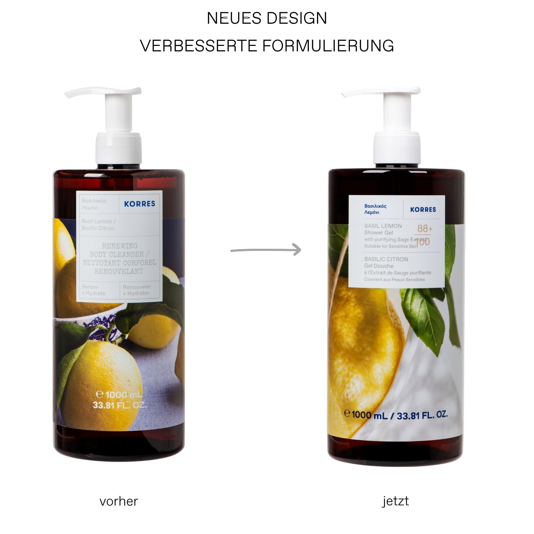 Korres Basil Lemon Shower Gel - 1L Gel to Foam Cleanser for Unisex Adult Skin