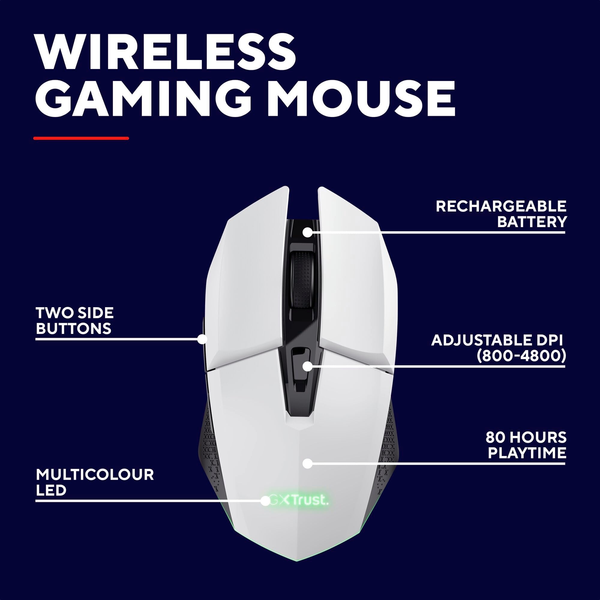 Trust Gaming GXTrust 1108W Vylax Rechargeable Wireless Gaming Mouse – 80h Battery, 800-4800 DPI, RGB Lighting, 6 Buttons, White 11