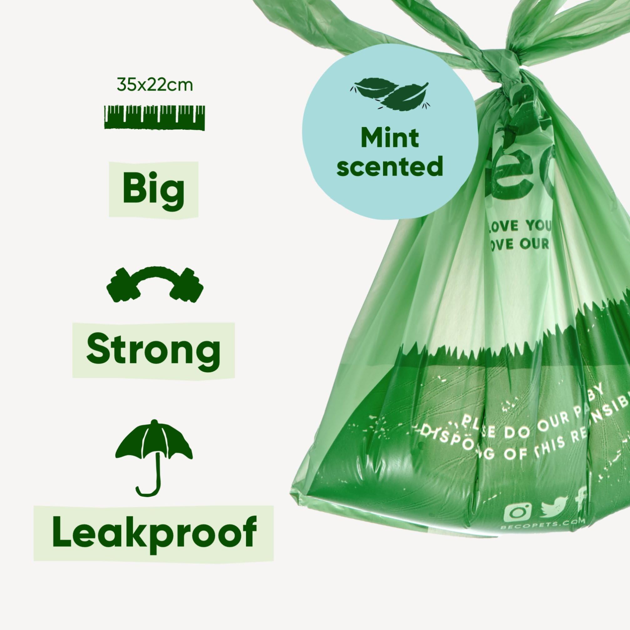 Beco Dog Poo Bags - 270 Count Mint Scented with Handles | 100% Recycled Plastic