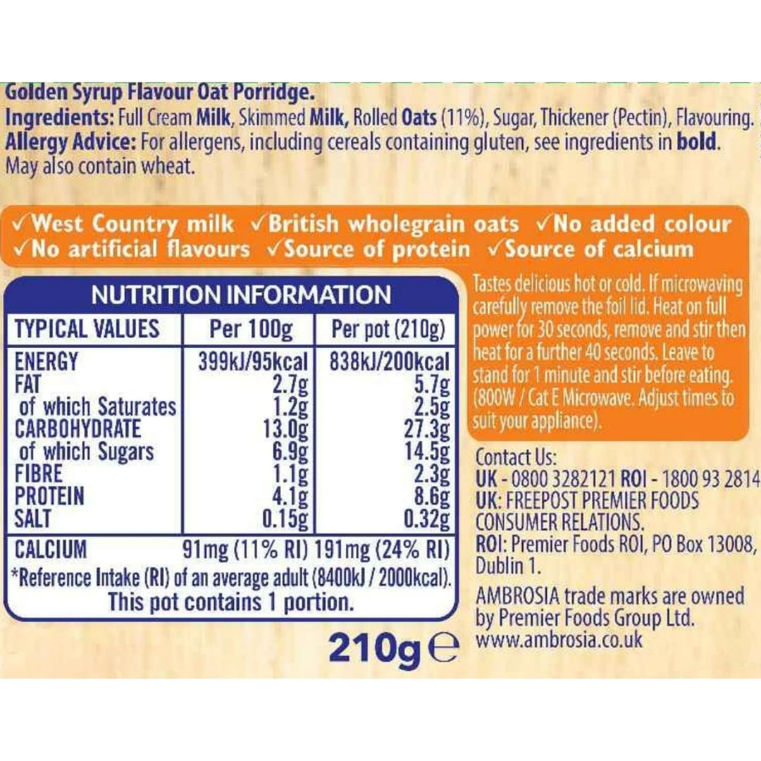 Ambrosia - Golden Syrup Flavour Low Fat Porridge Pots with British Wholegrain Oats, 210g (Pack of 6)