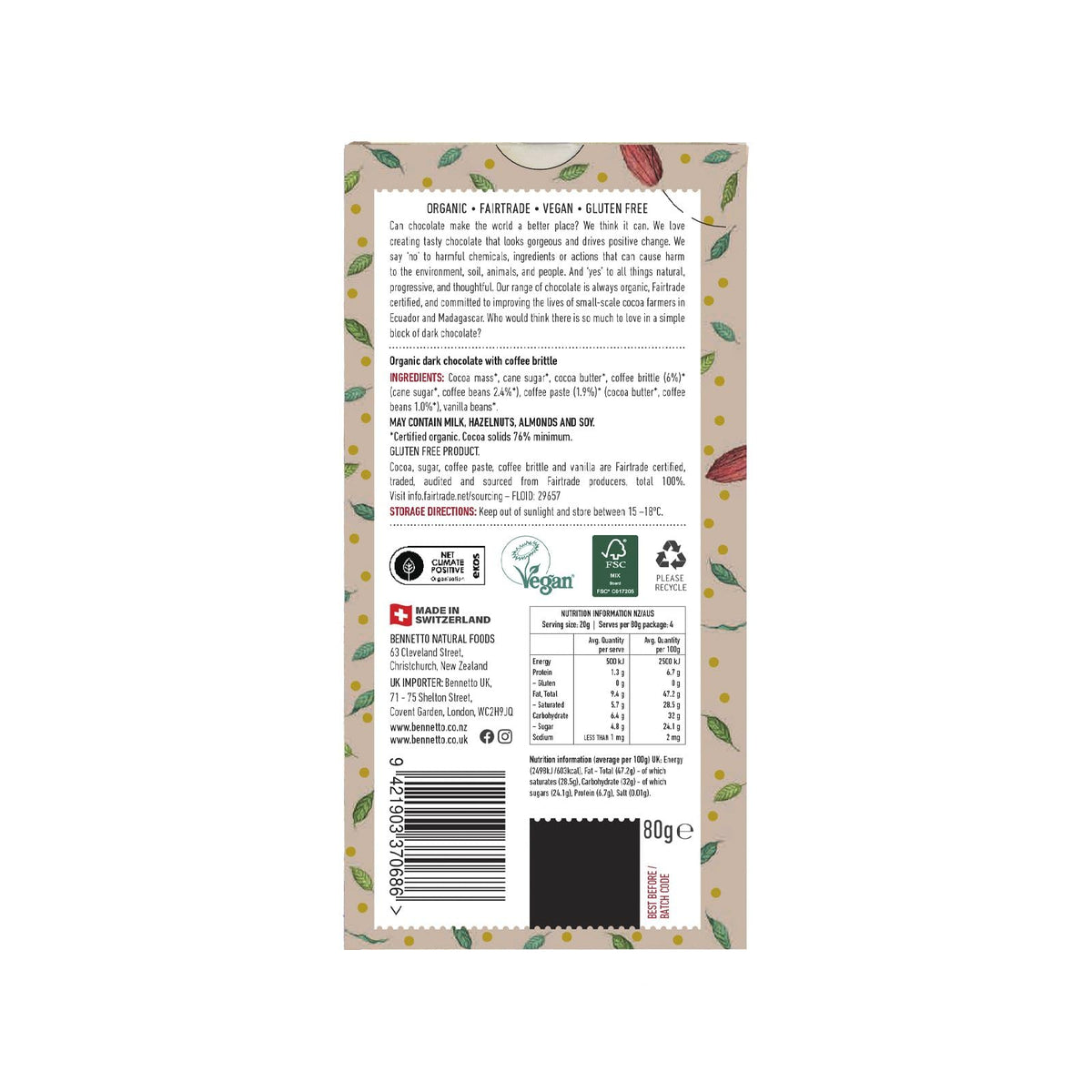 Bennetto Dark Coffee Chocolate - 6 Pack, 60% Cocoa