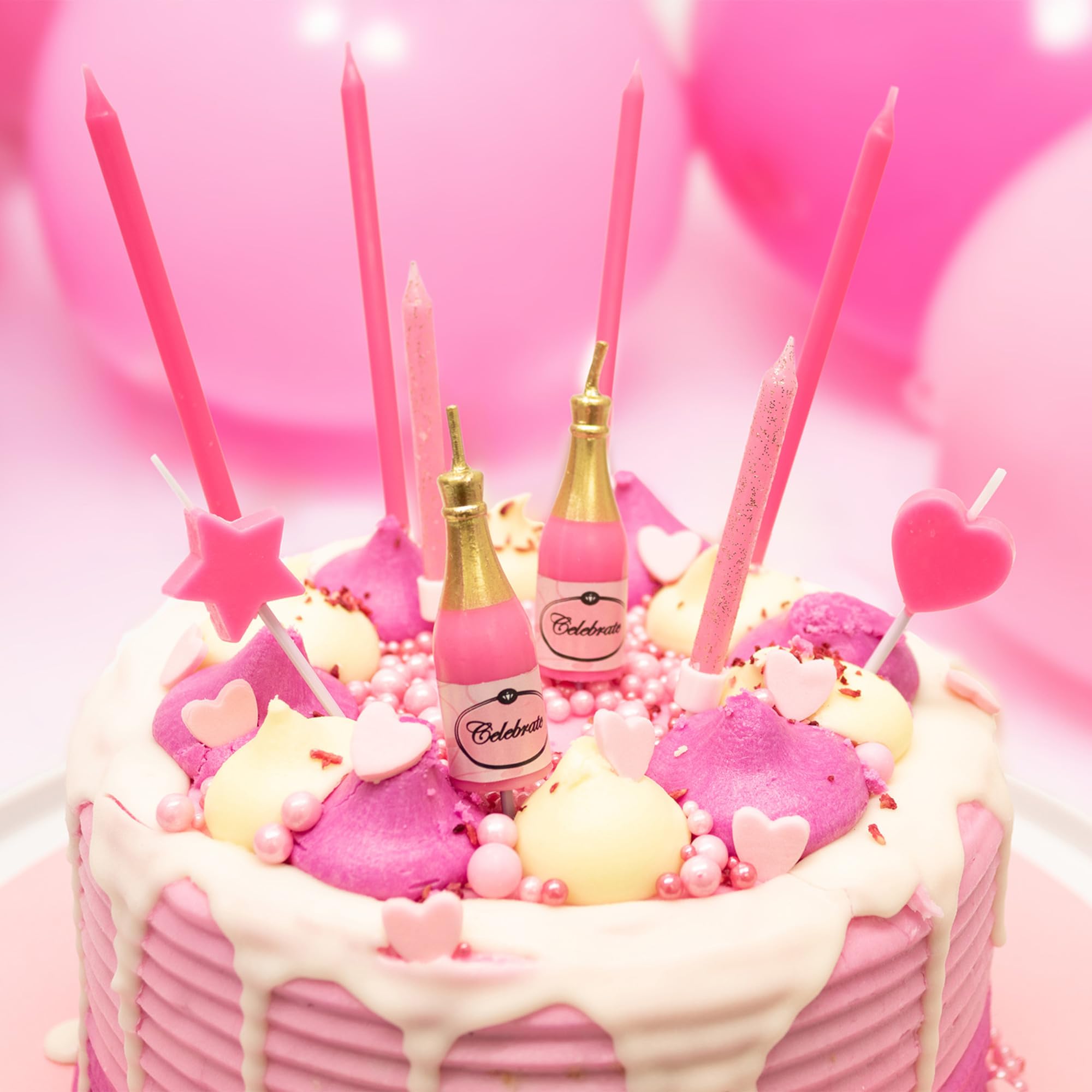 Culpitt Pink Fizz Cake Candles - 10 Piece Mixed Set with Glitter, Champagne Bottle, Heart & Star Shapes 4
