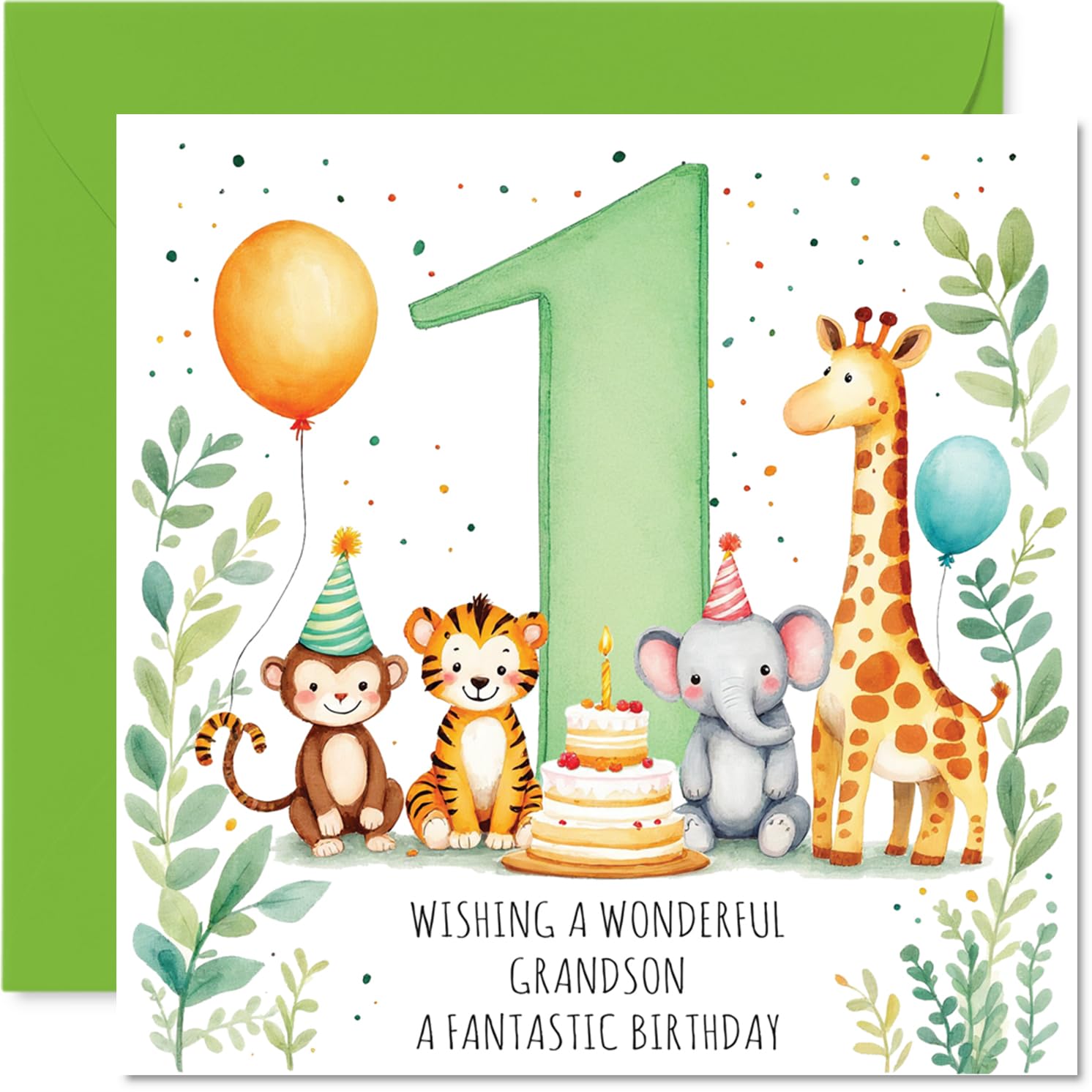 Stuff4 Playful 1st Birthday Card for Grandson | 145mm Square | Recyclable