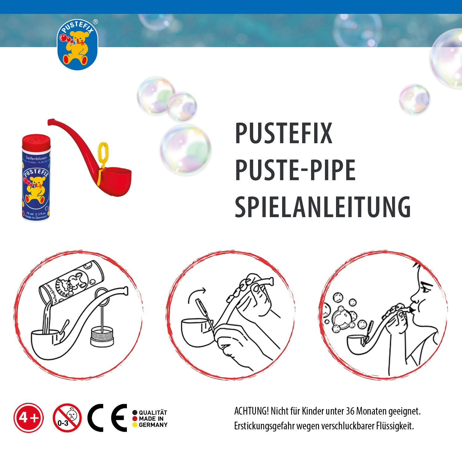 PUSTEFİX Bubbles Pipe Set - 70ml Solution | Colourful, Durable Bubbles | Made in Germany 5