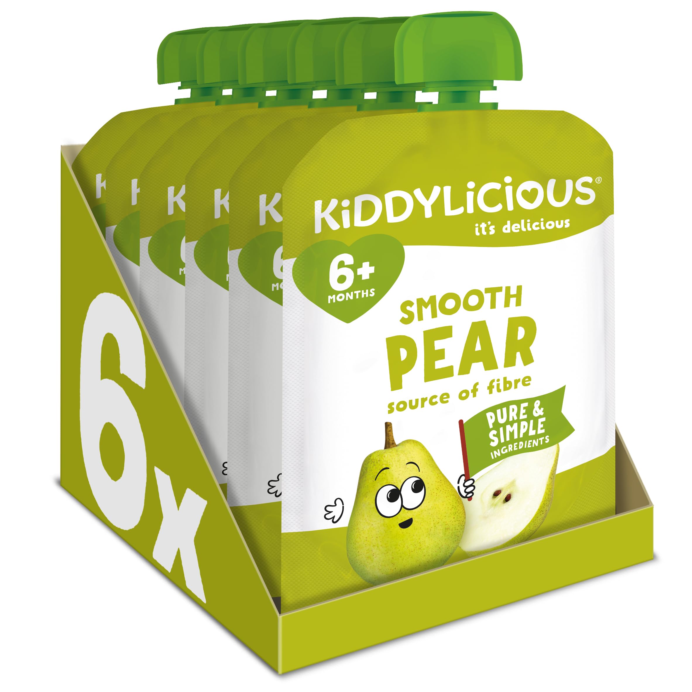 Kiddylicious Smooth Pear Fruit Pouches - 6 Pack | Suitable for 6+ Months | 100g Each