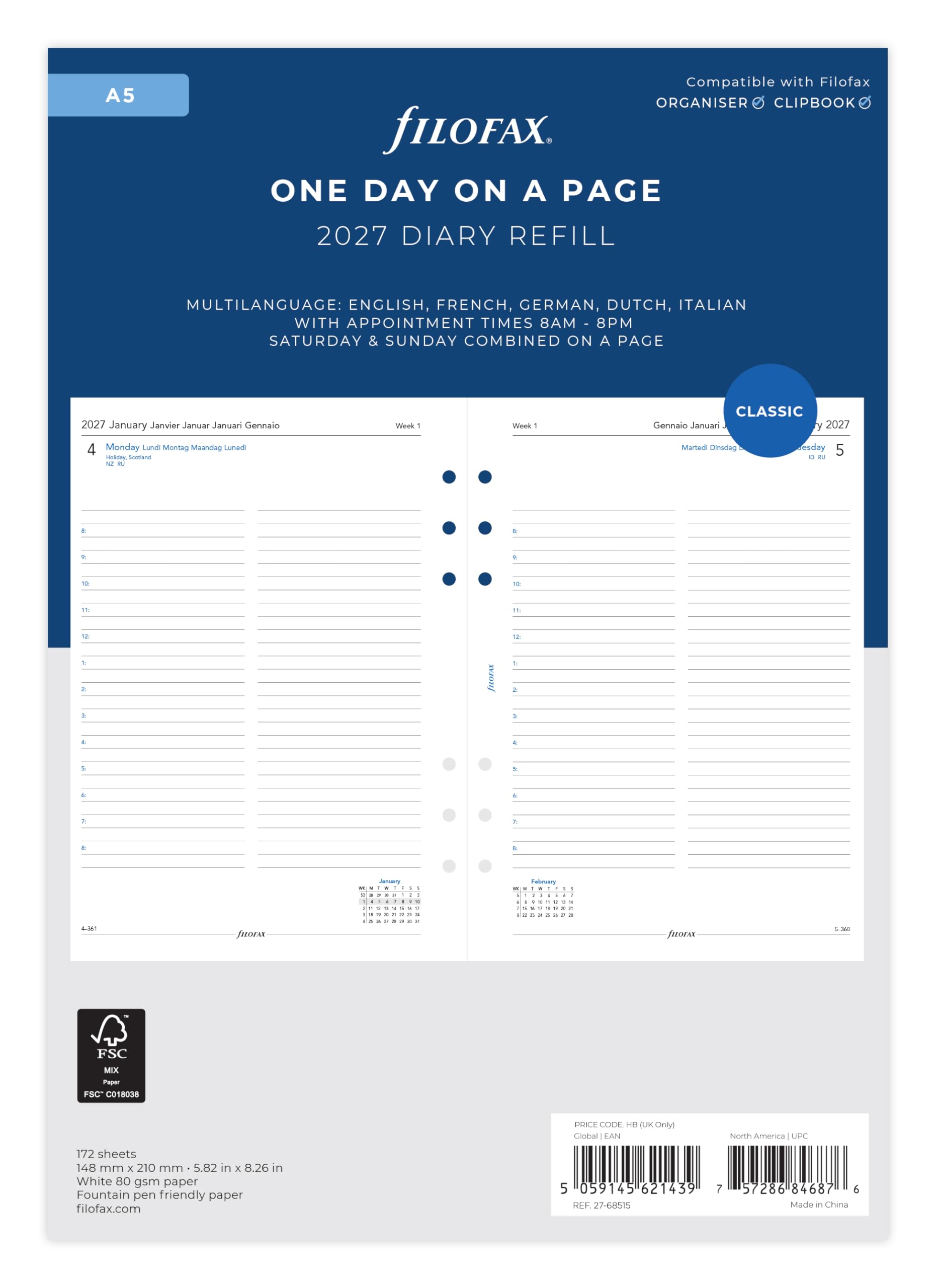 Filofax A5 Day Per Page 2027 Diary Refill | 5 Language Appointments | 148mm x 210mm 1