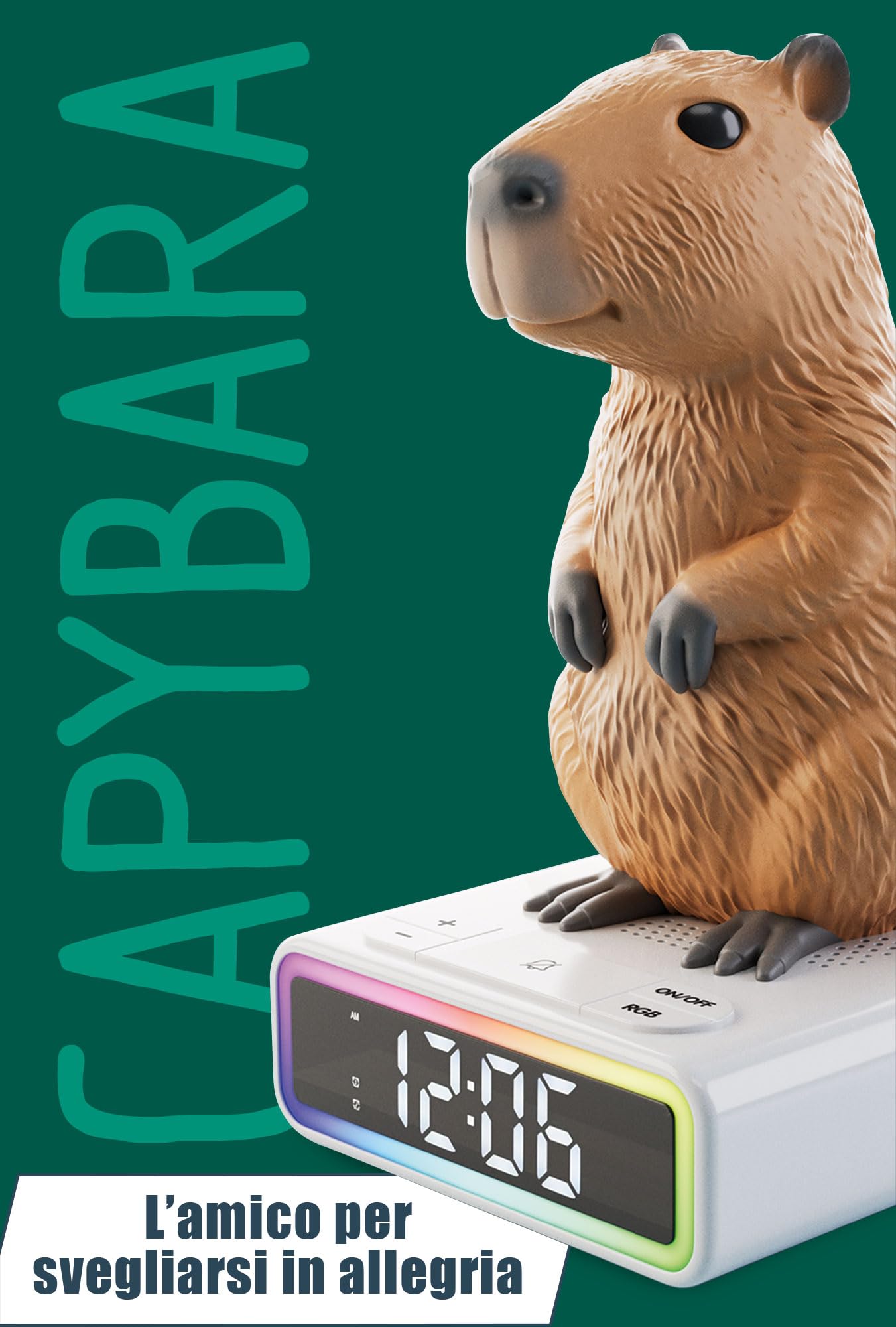 Lisciani Capybara RGB LED Digital Alarm Clock - Multicolor Mood Light, Funny Ringtones, Animal Design Night Light 4