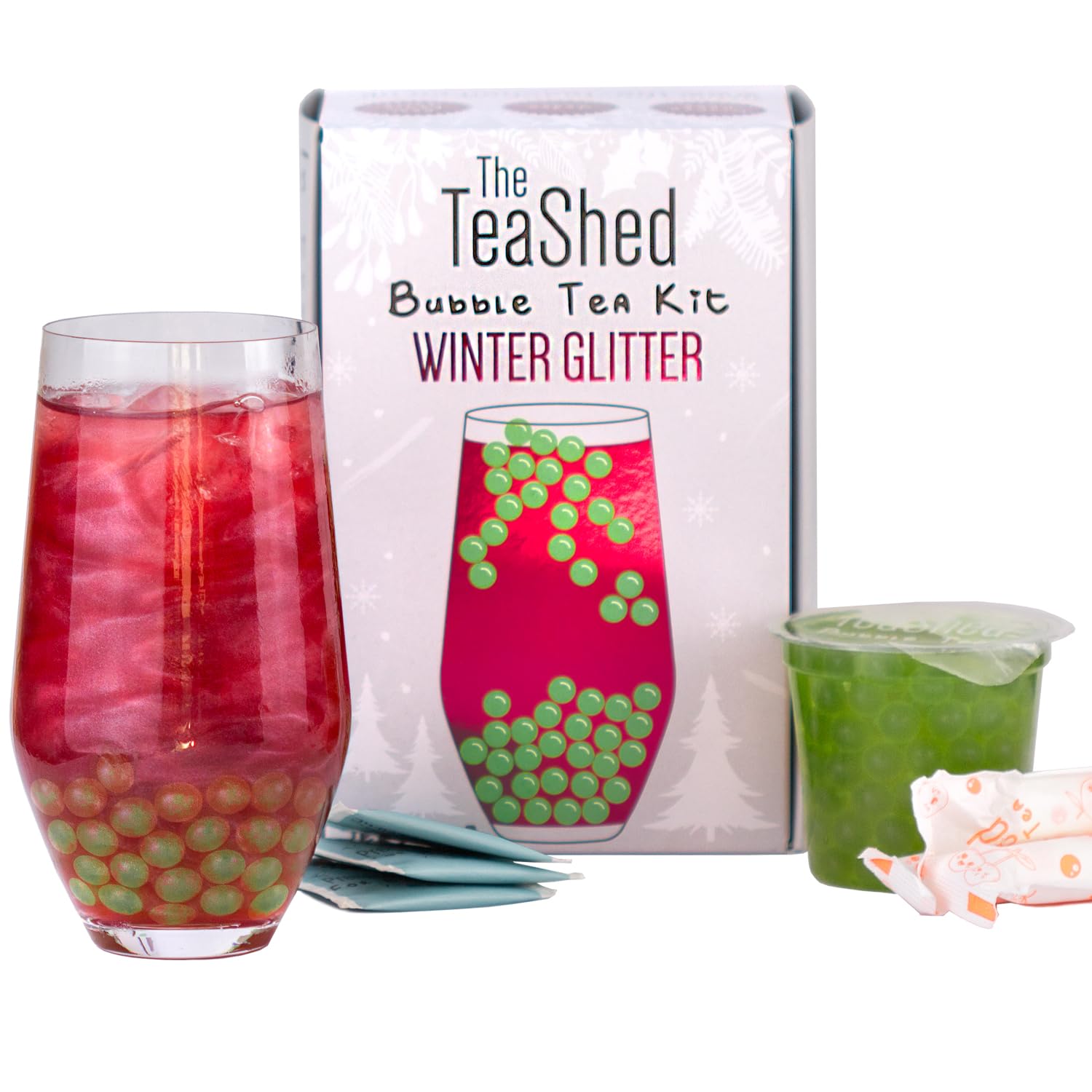 The TeaShed Winter Glitter Christmas Bubble Tea Kit Gift Box - Glitter Cranberry & Apple Boba 2