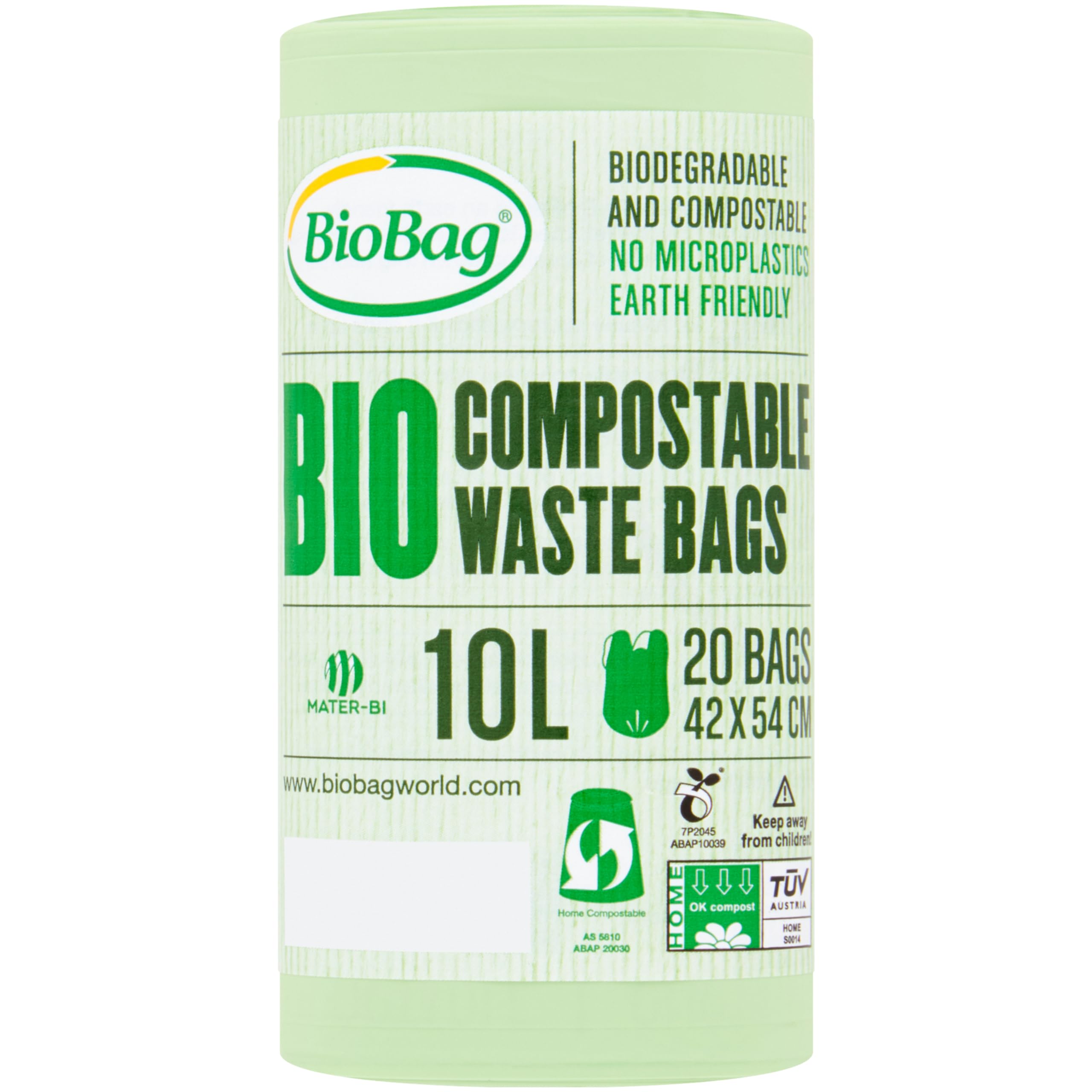 BioBag 10L Compostable Caddy Bin Liners - 20 Count, Green, Plant-Based Material