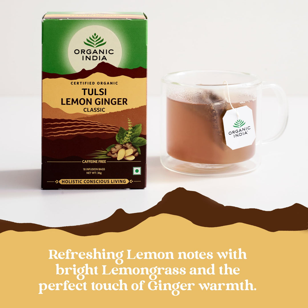 Organic India Tulsi Lemon & Ginger Tea, Caffeine-Free Herbal Tea, Certified Organic
