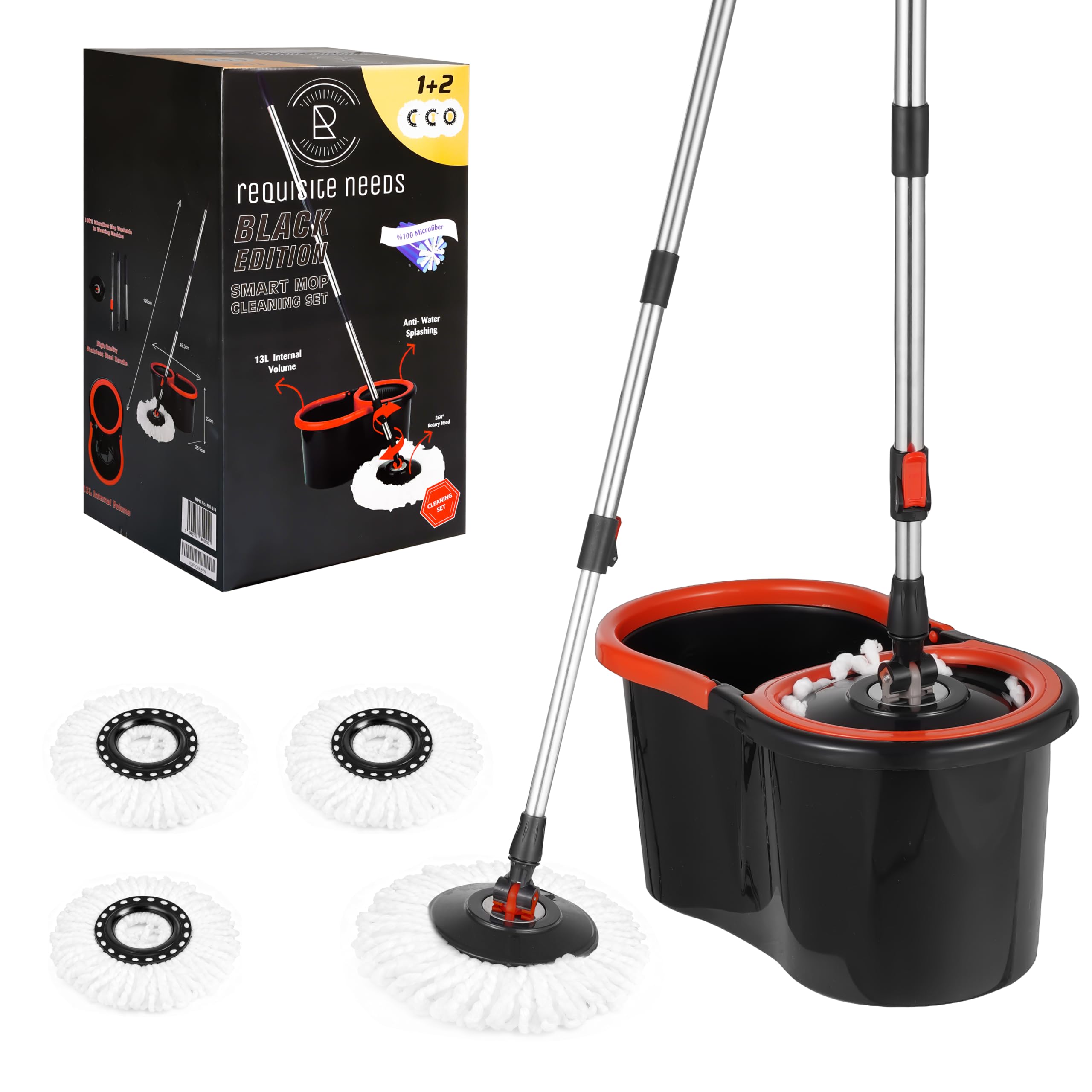 REQUISITE NEEDS Smart Spin Mop and Bucket Set - Black Edition | 360° Spin | 130cm Adjustable Handle