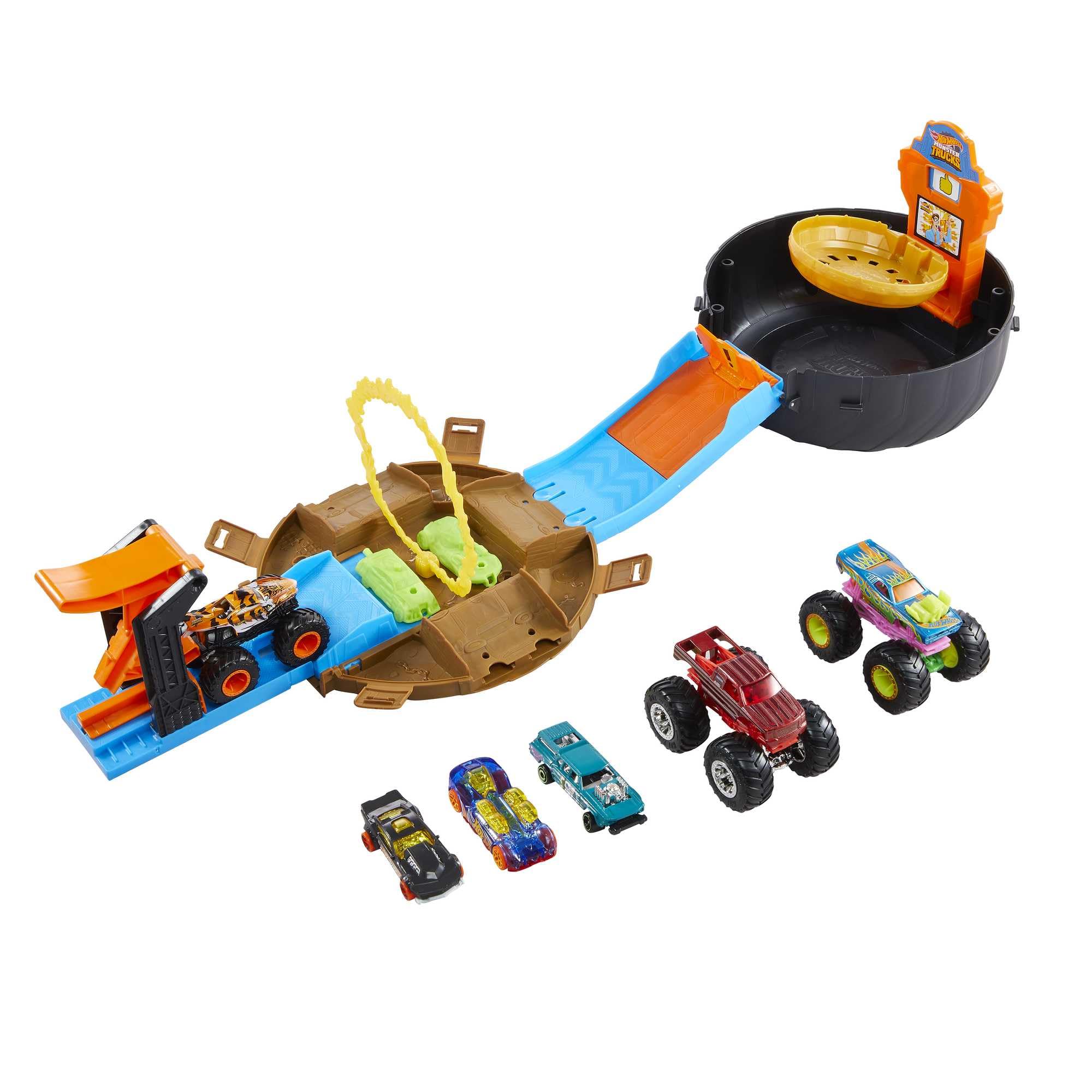 Hot Wheels Monster Trucks Stunt Tire Playset - Includes 3 Monster Trucks & 3 Scale Vehicles | 1:64 Scale