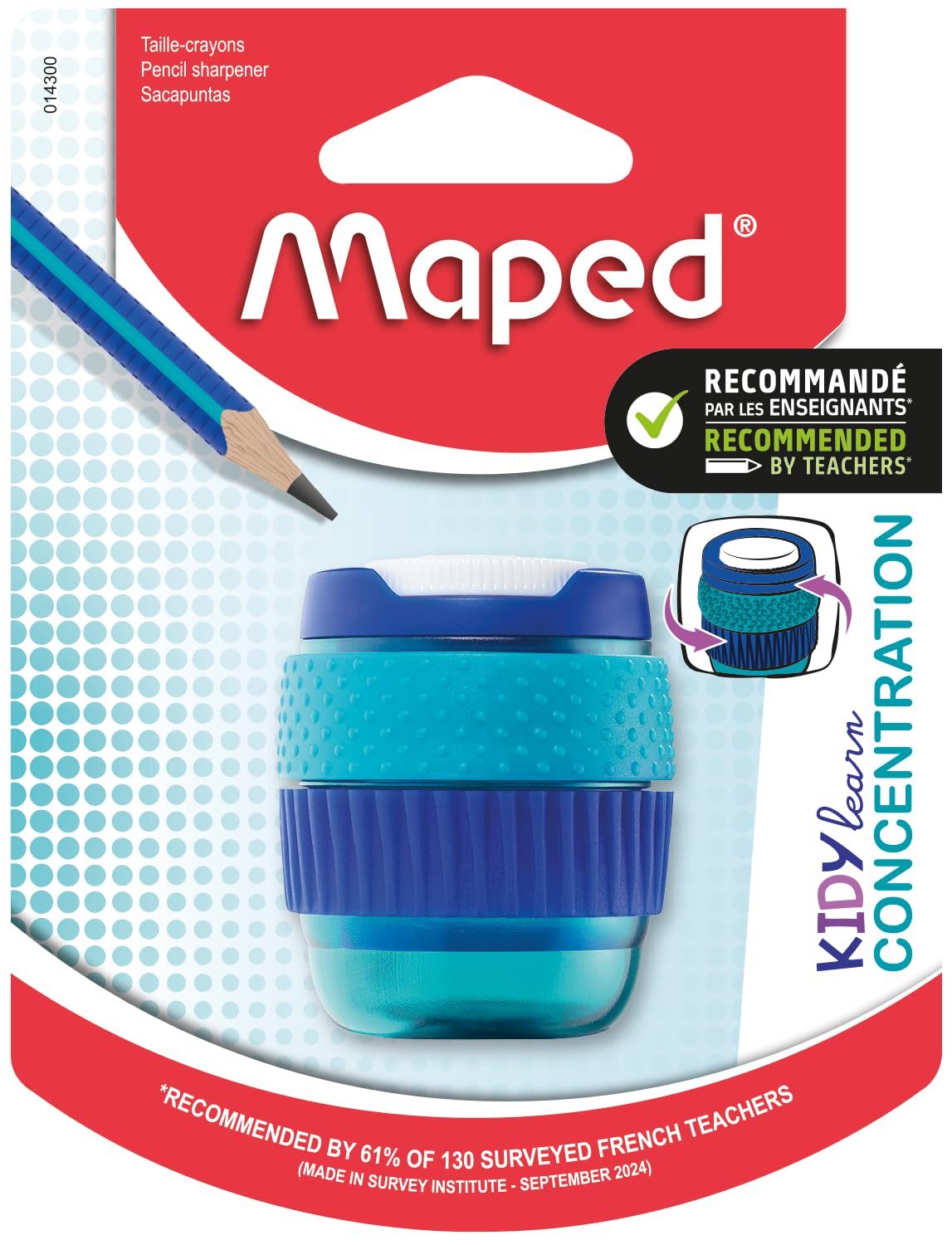 Maped Kidy Learn Concentration 1 Hole Pencil Sharpener - Sensory Rotating Rings, Soft Grip, Blue 1