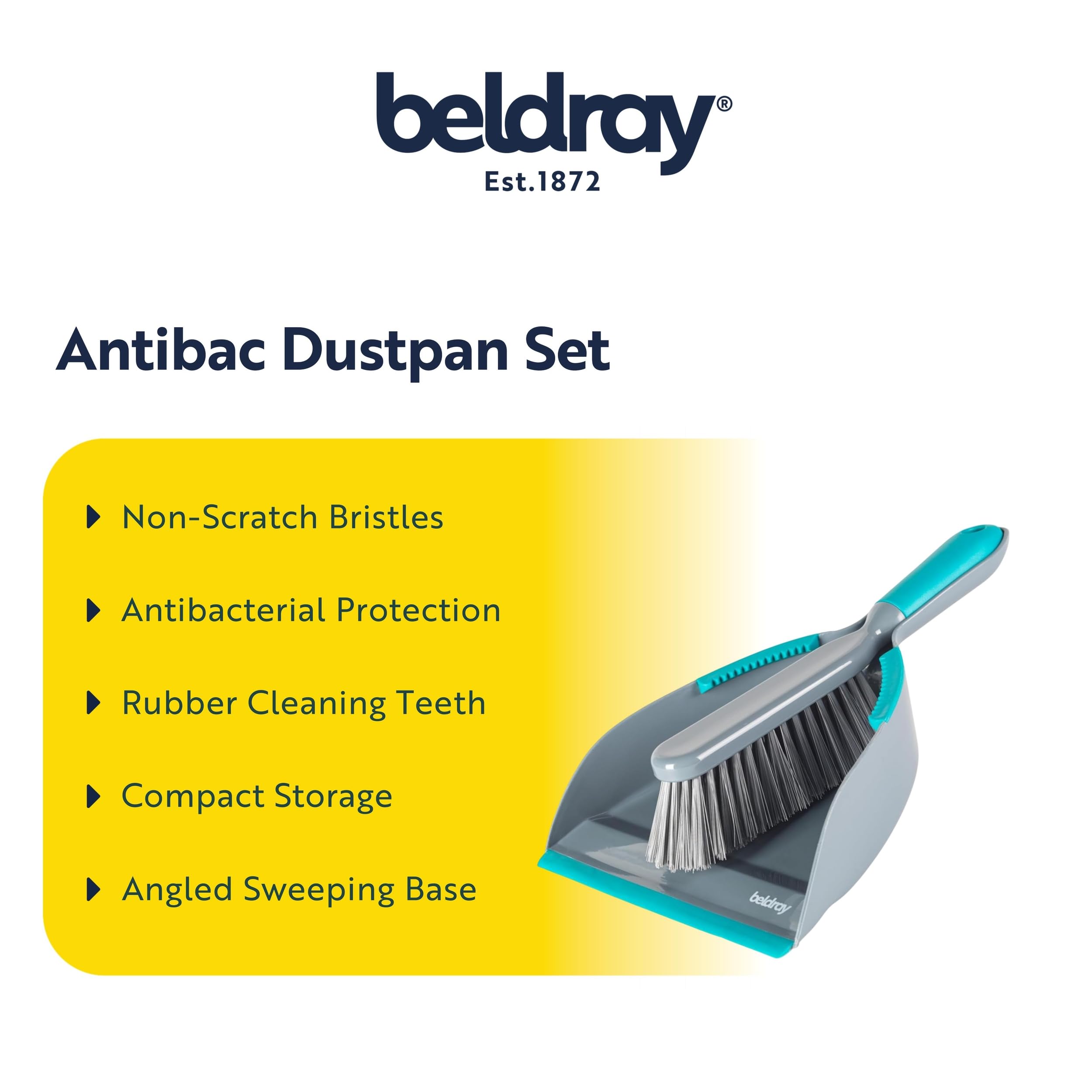 Beldray Antibac Dustpan & Brush Set - Non-Scratch Bristles, Hygienic Cleaning | Grey & Turquoise