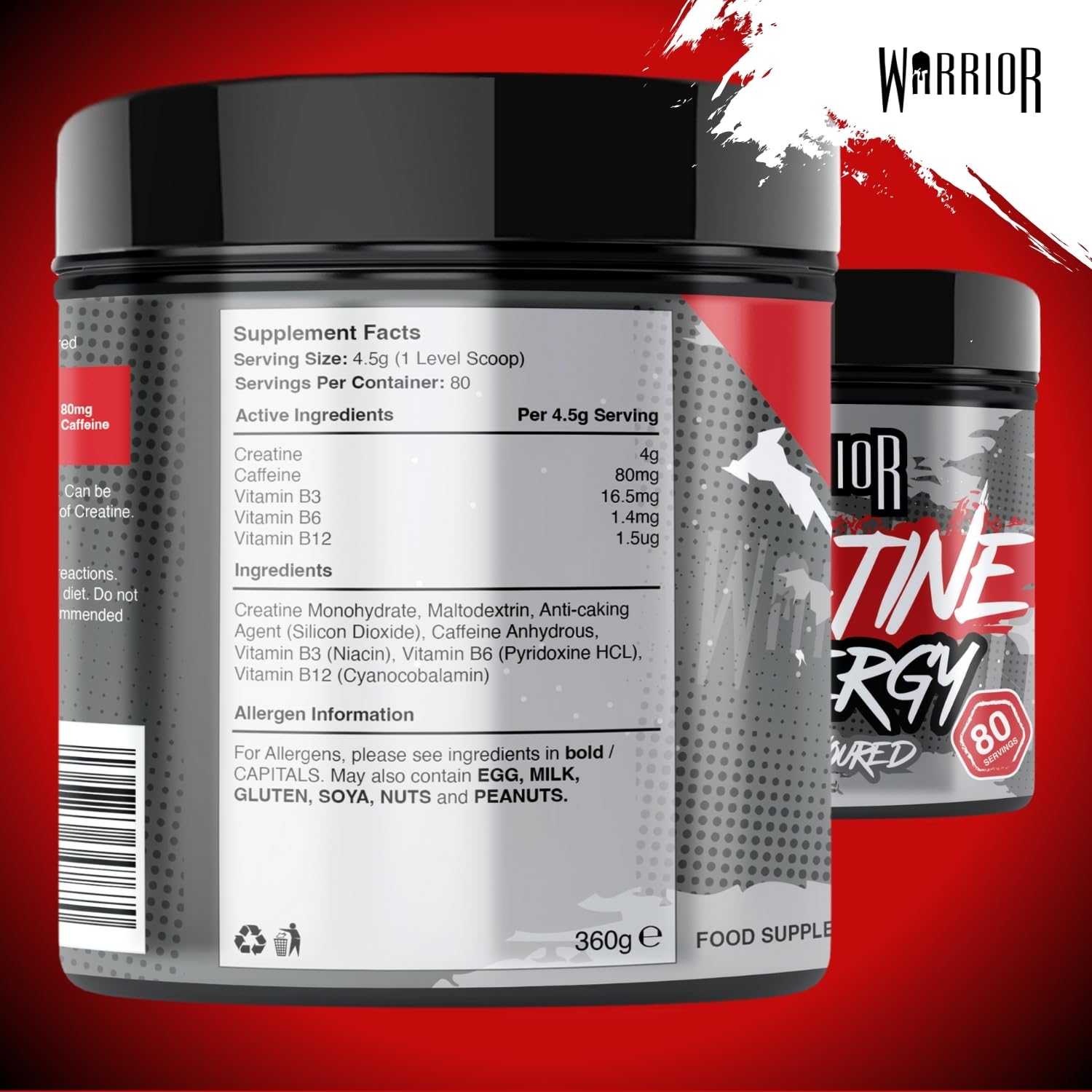 Warrior Creatine Monohydrate Powder + Energy - 360g (80 Servings) | Muscle Growth & Focus