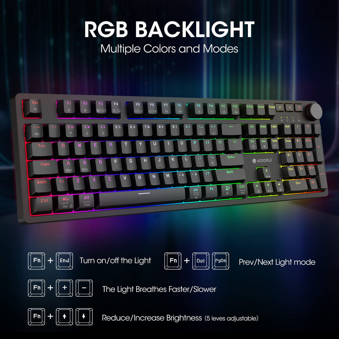 KOORUI MK104-RED Mechanical Gaming Keyboard – 104 Keys, 26 RGB Backlighting Effects, Pluggable Switches, Anti-Ghosting, Wired for PC & Mac