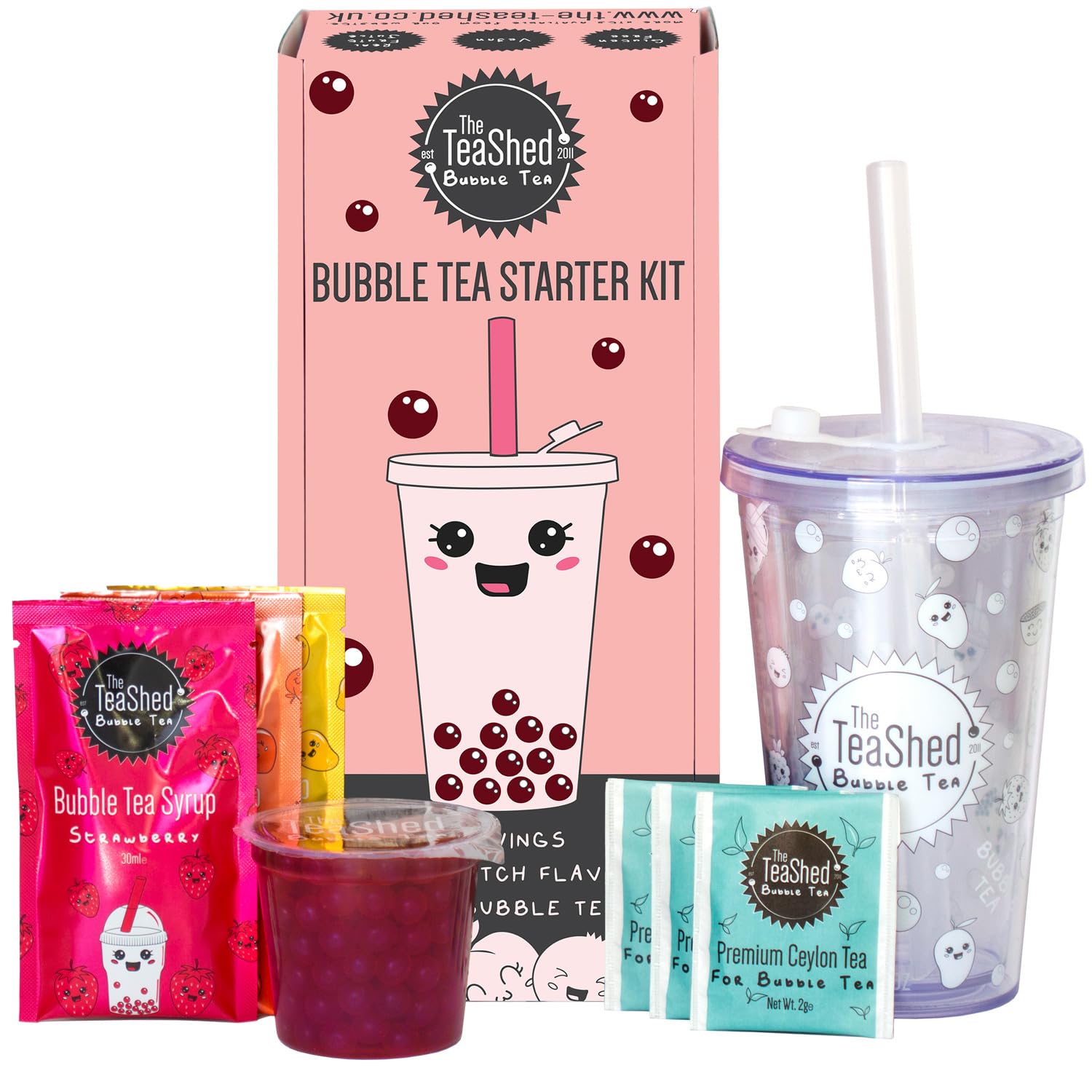 The TeaShed Boba Starter Kit - Reusable Cup & Straw, 3 Syrups, Tea & Raspberry Popping Boba 1