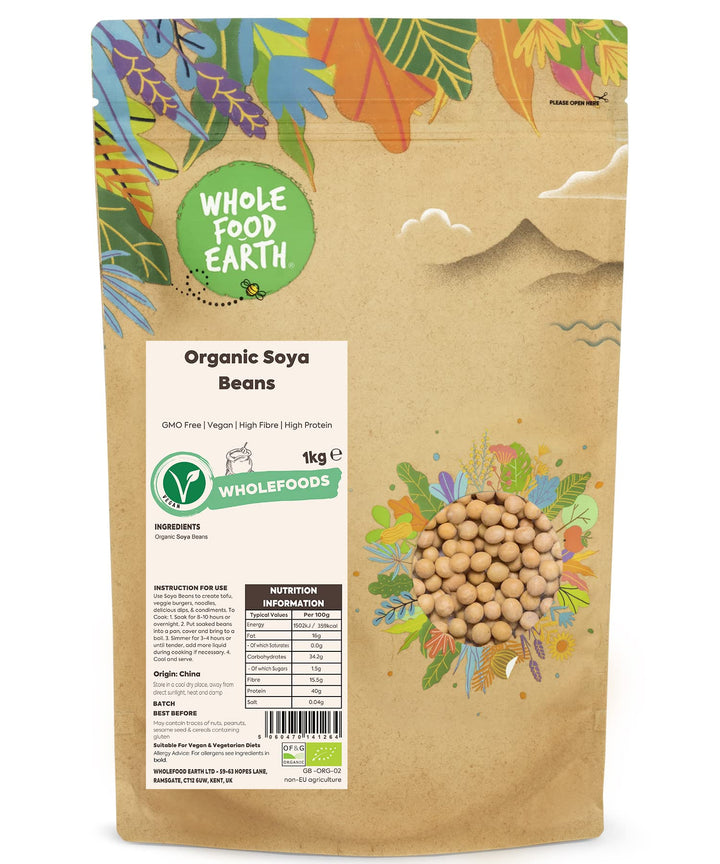 Wholefood Earth Organic Soya Beans 1kg - GMO Free, Vegan, High Fibre, High Protein