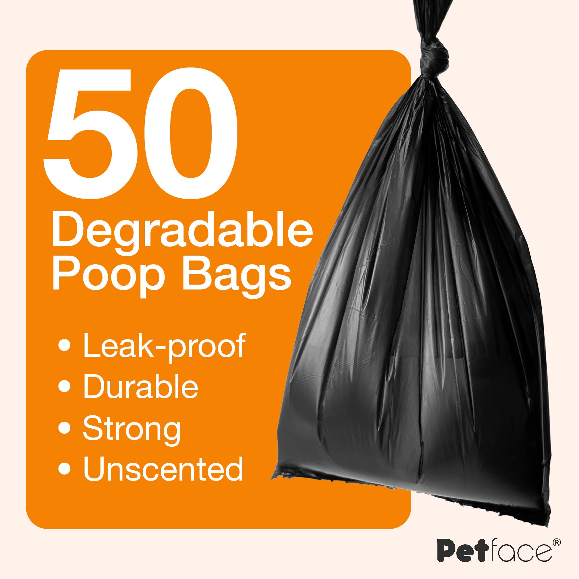 Petface Degradable Dog Poop Bags - 50 Count Pack | Tie Handle | Black