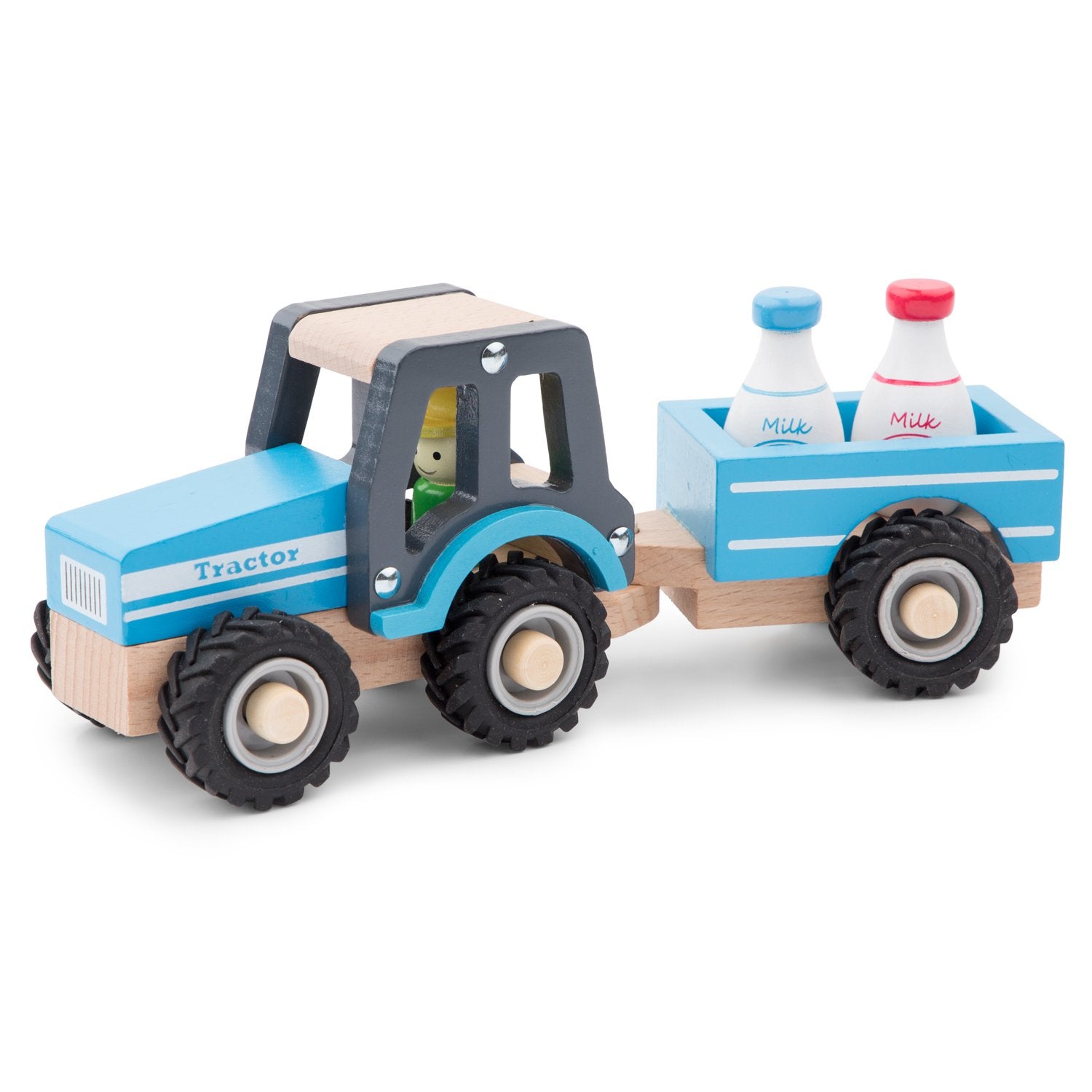 New Classic Toys Wooden Tractor with Trailer and Milk Bottles - Ages 1.5+