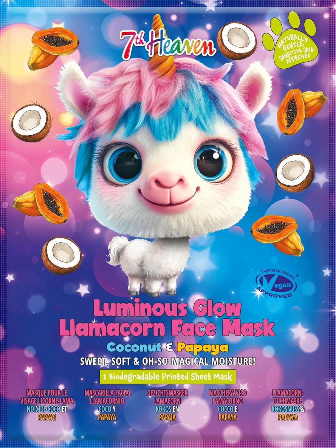 7th Heaven Llamacorn Face Mask - Hydrating & Moisturising for Sensitive Skin | Coconut & Papaya Formula | Ages 8+