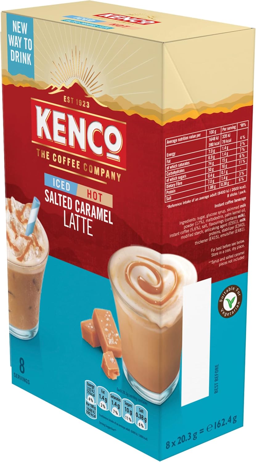 Kenco - Salted Caramel Iced/Hot Latte Instant Coffee Sachets (Pack of 5, 40 Total)