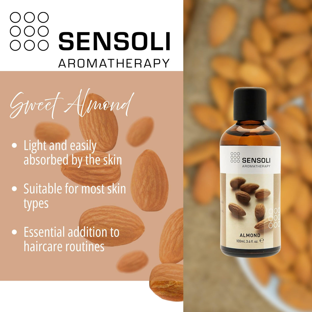 Sensoli Sweet Almond Oil - 100% Pure Carrier Oil for Skin & Hair | 100ml