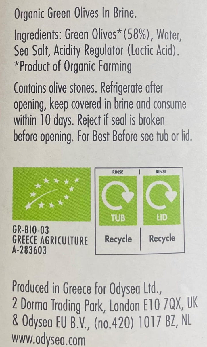 Odysea Organic Green Olives in Brine (1kg)