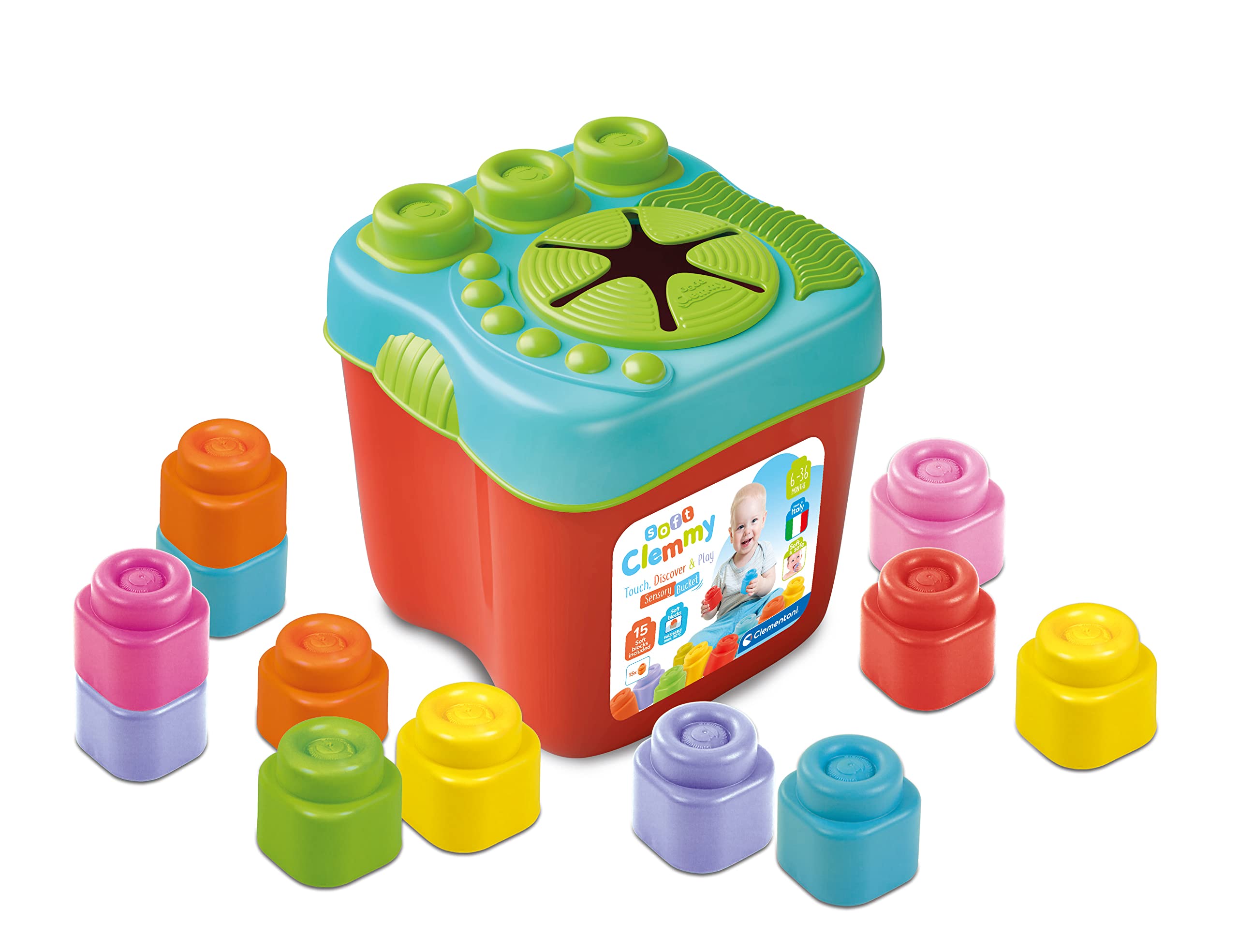Clementoni Clemmy Sensory Bucket with Soft Blocks - 15 Pieces | Ages 6-36 Months | Multi-color 1