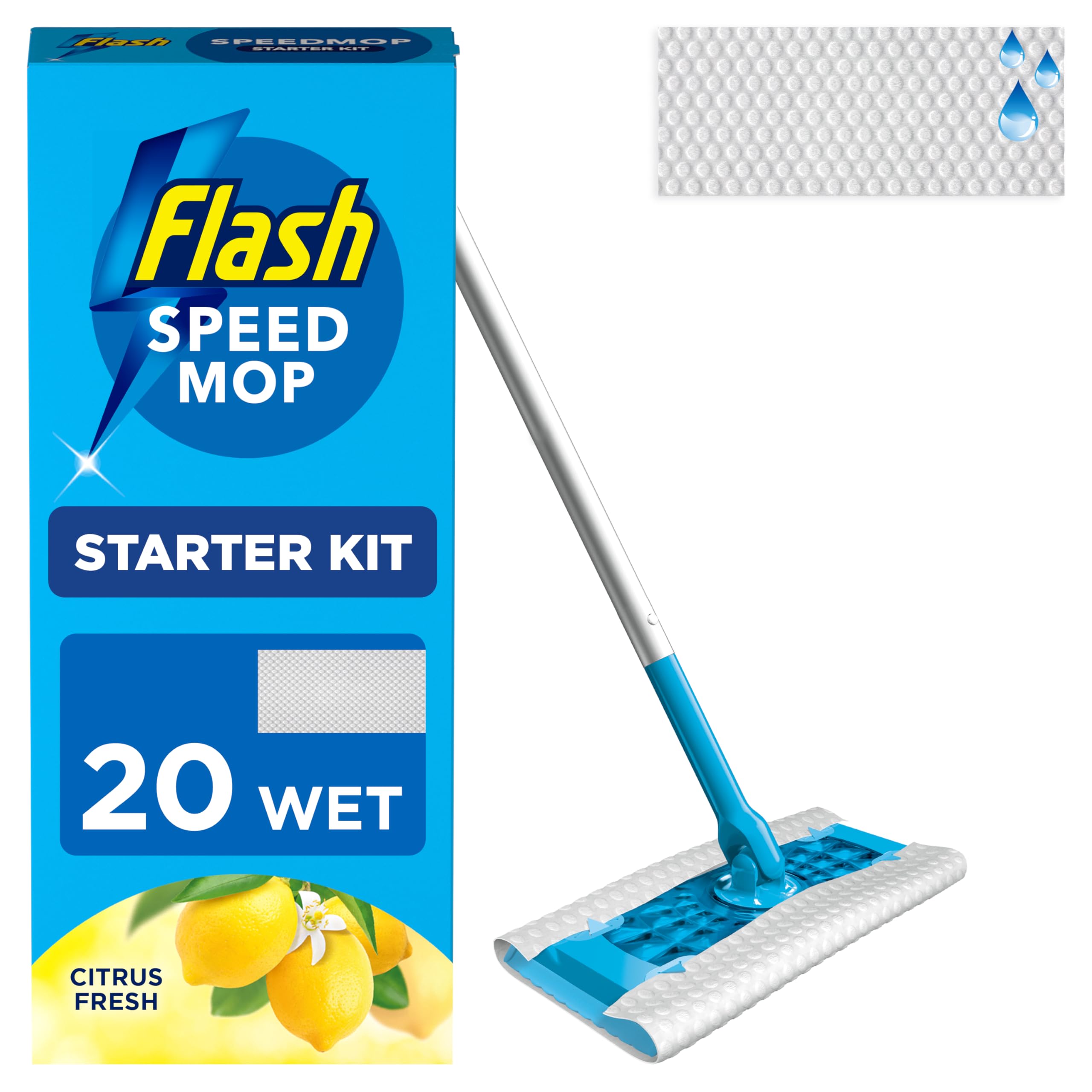 FLASH Speedmop Floor Cleaner Starter Kit with 20 Wet Refills | Dirt-Lifting Fibres | Lemon Scent
