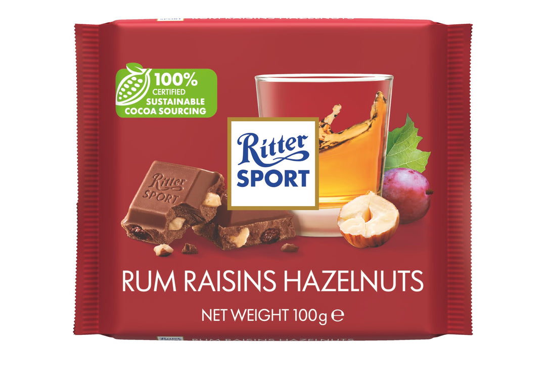 Ritter Sport Rum Raisins and Hazelnuts Milk Chocolate Bar, 100g, Case of 12