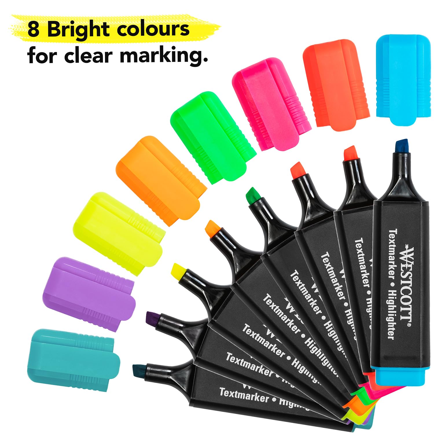 Westcott Highlighter Markers - 8-Piece Bright Color Set | Chisel Tip 2-5mm | Quick-Drying Ink