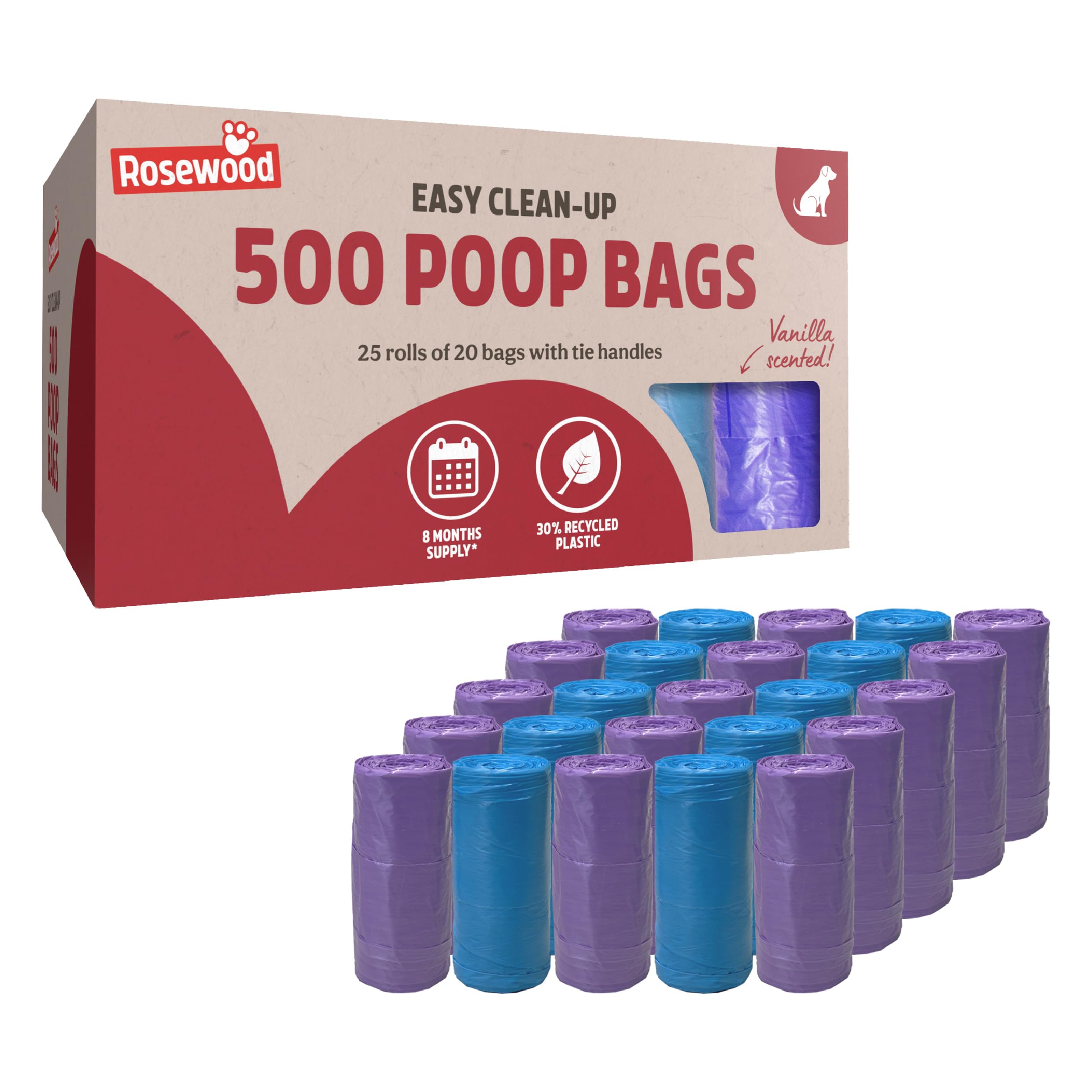 Rosewood Dog Poo Bags with Handles - 500 Bags | Vanilla Scented | Made with Recycled Plastic