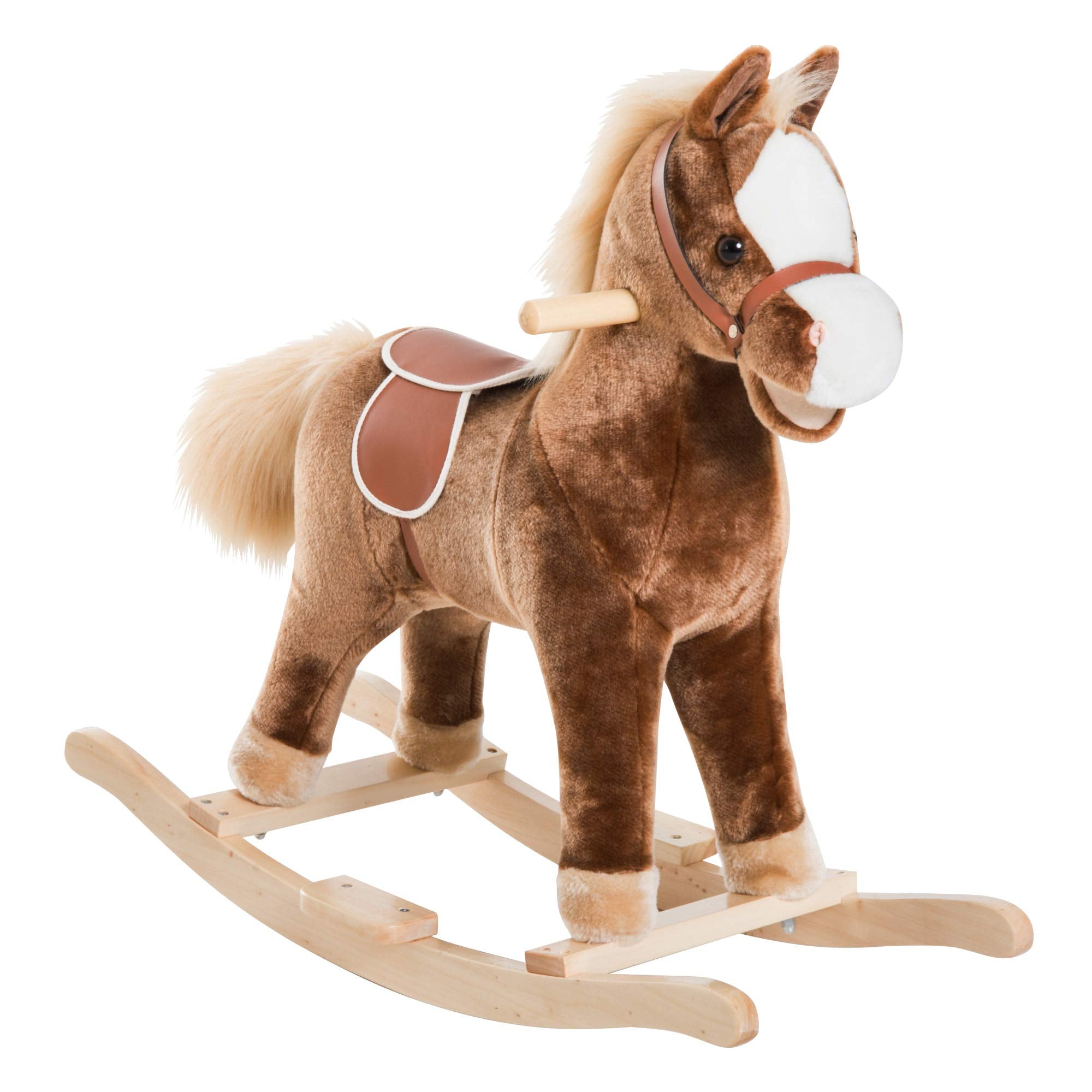 HOMCOM Plush Rocking Horse with Wooden Base for Kids | Brown | Ages 3+ | 74cm Long