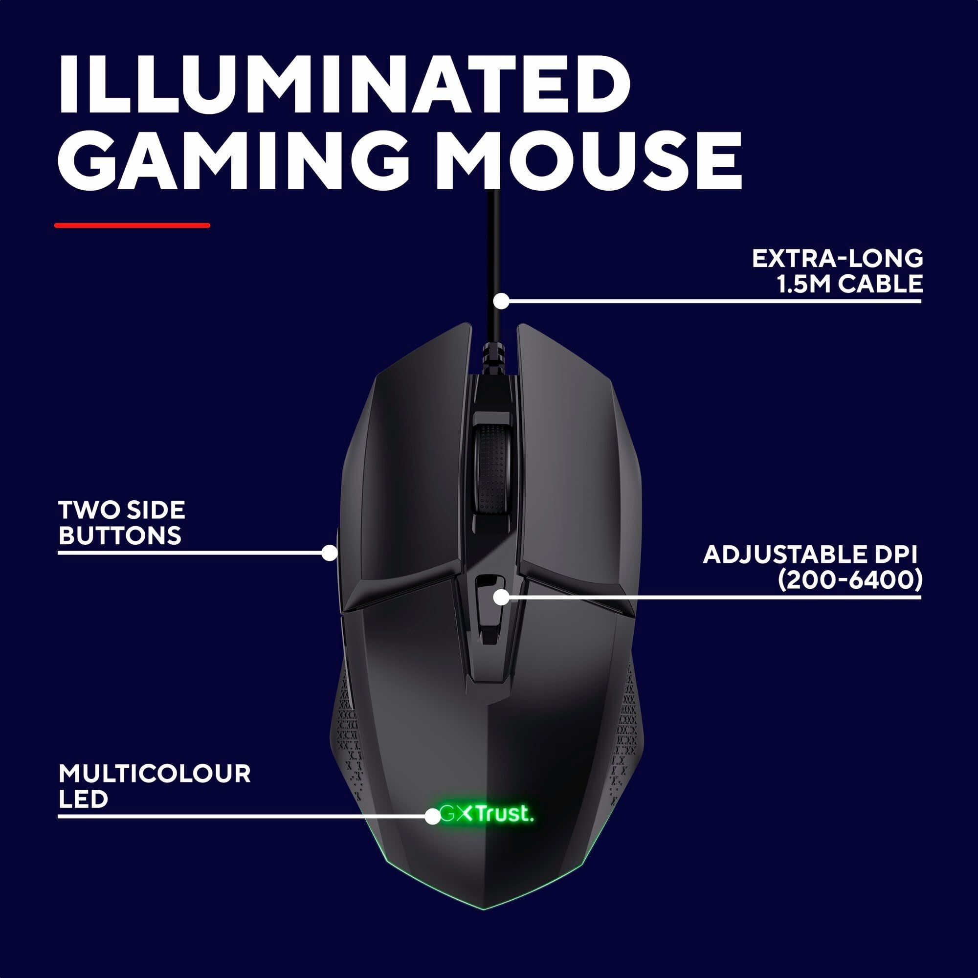 Trust Gaming GXTrust 1109 Vylax Gaming Mouse - 6 Programmable Buttons, 200-6400 DPI, RGB LED Lighting, 1.5m Cable, Black 10