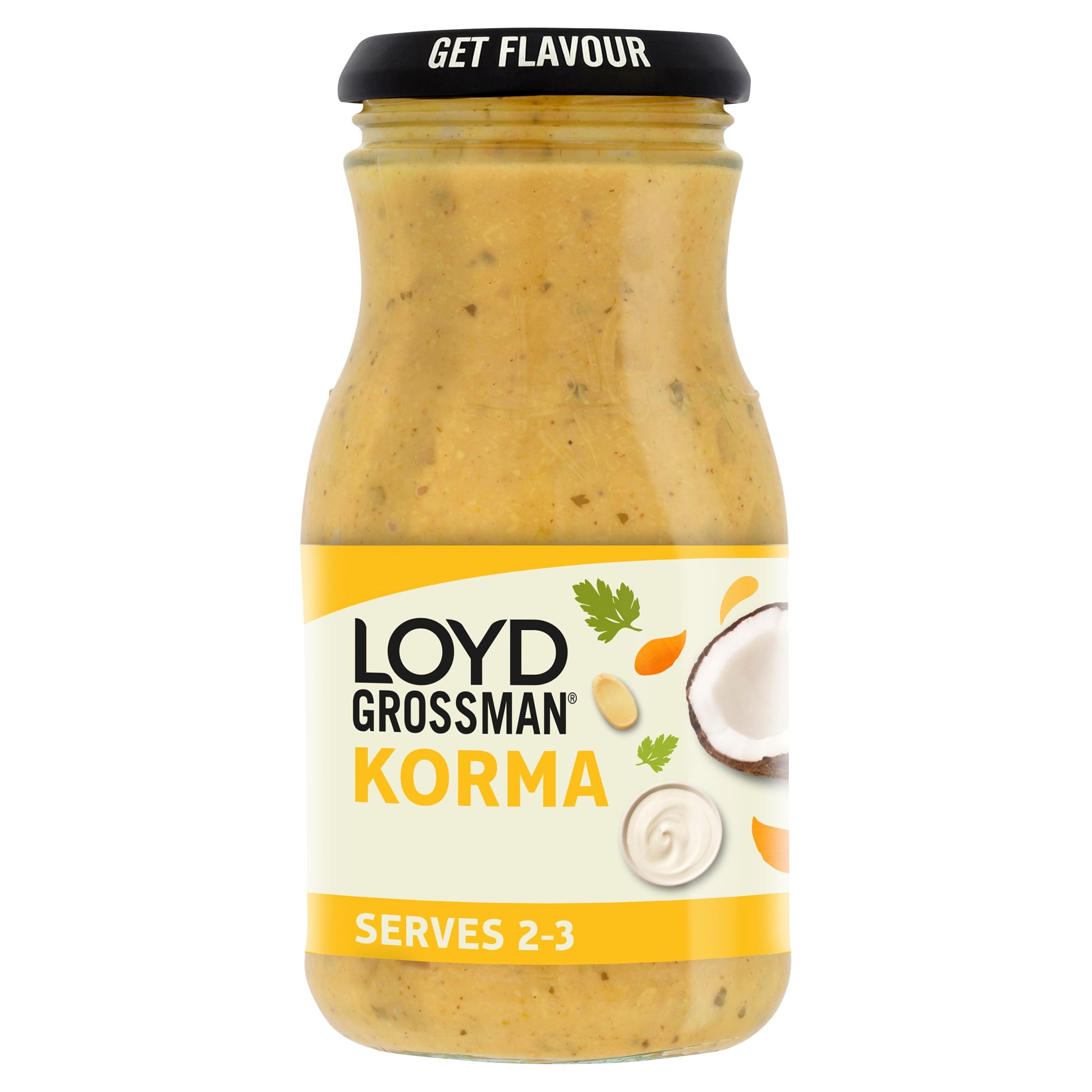 Loyd Grossman Indian Korma Sauce - Mild Creamy Blend with Coconut & Almonds | 350g Jar 1