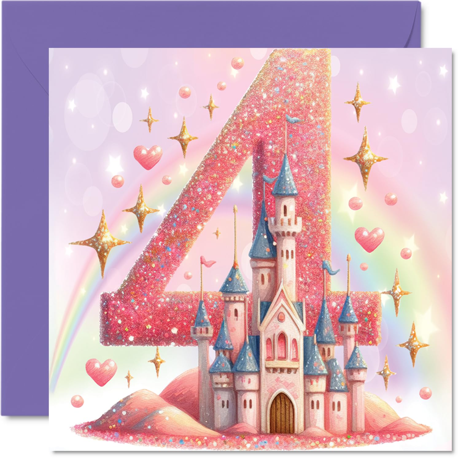 Stuff4 4th Birthday Card for Girls - Fairy Princess Castle Design | 145mm x 145mm 1
