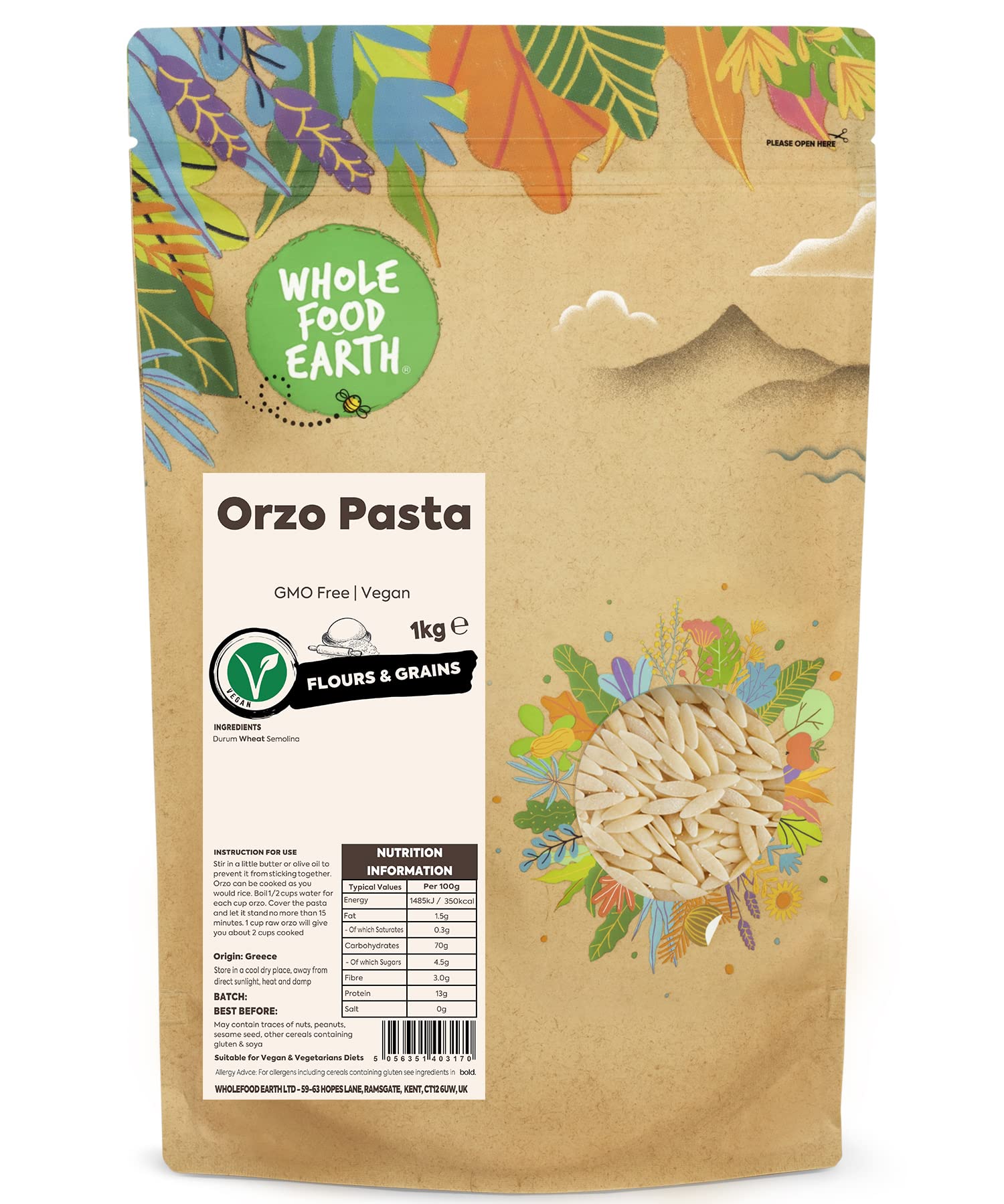 Wholefood Earth Orzo Pasta - Durum Wheat Semolina | 1 kg Pack