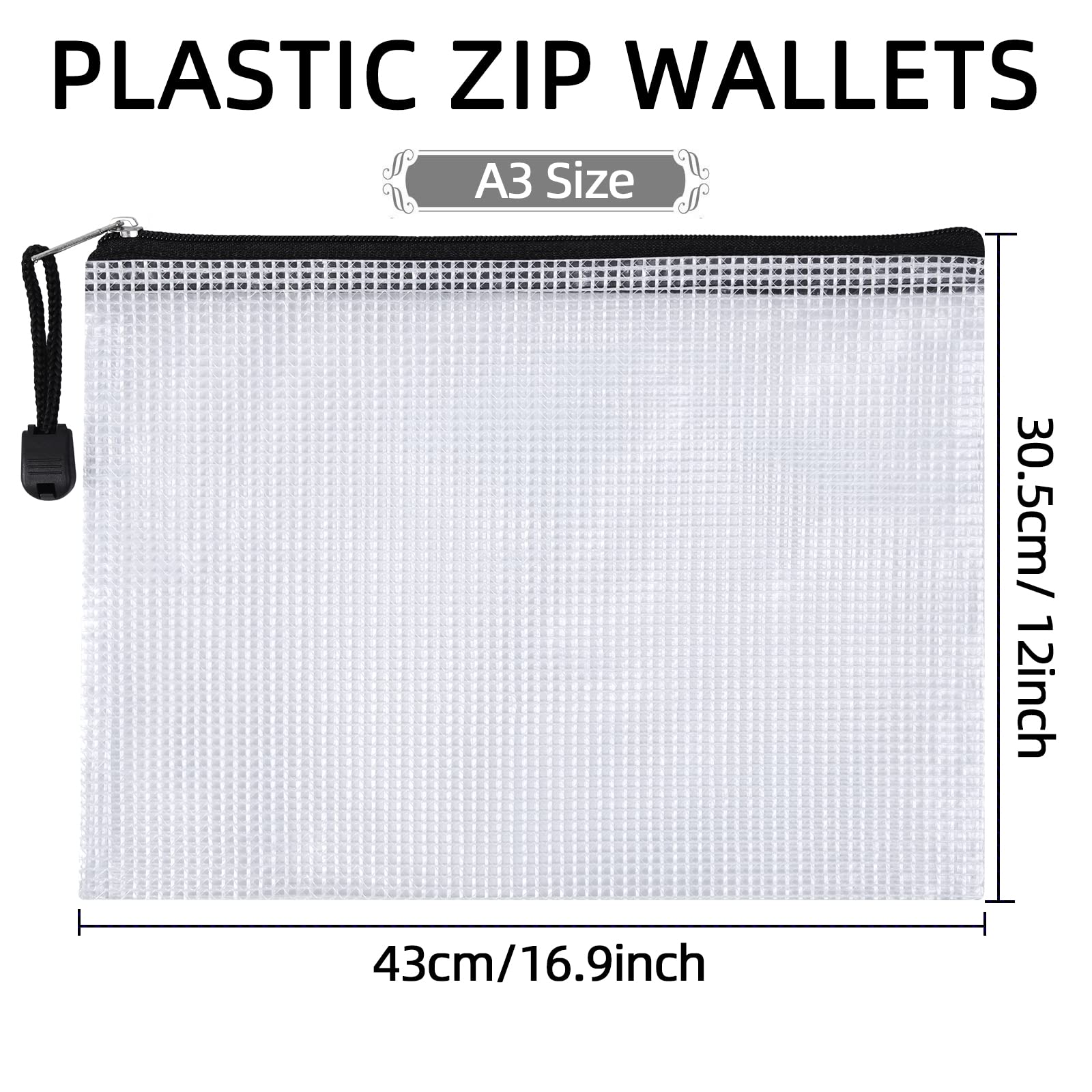 NORTHERN BROTHERS A3 Zip Wallets - 12 Pack Semi-Transparent PVC Folders | Black Zipper | Hanging Feature
