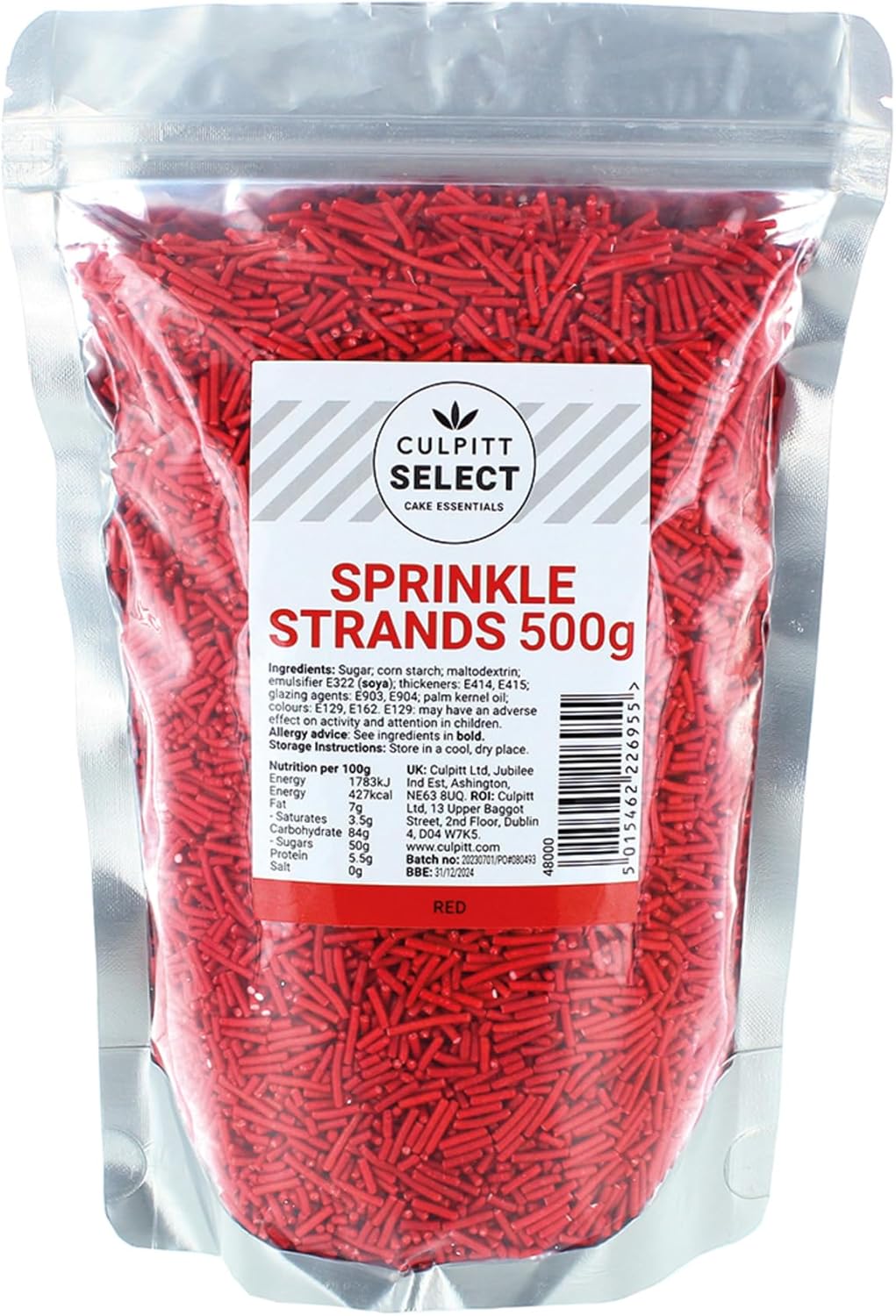 Culpitt Select Red Sugar Strands - Cake Sprinkle Decorations for Cakes, Cupcakes, Cookies, Ice Cream | 500g 1