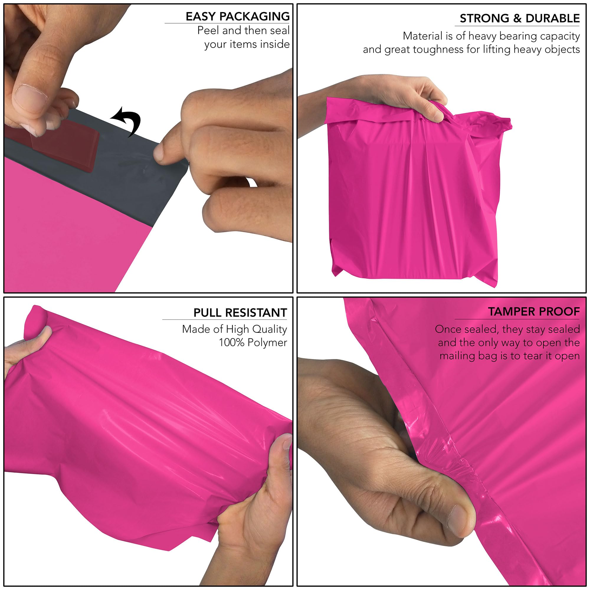 YUNJU 60 Mixed Size Hot Pink Plastic Mail Bags - Self-Seal, Waterproof Shipping Envelopes 9
