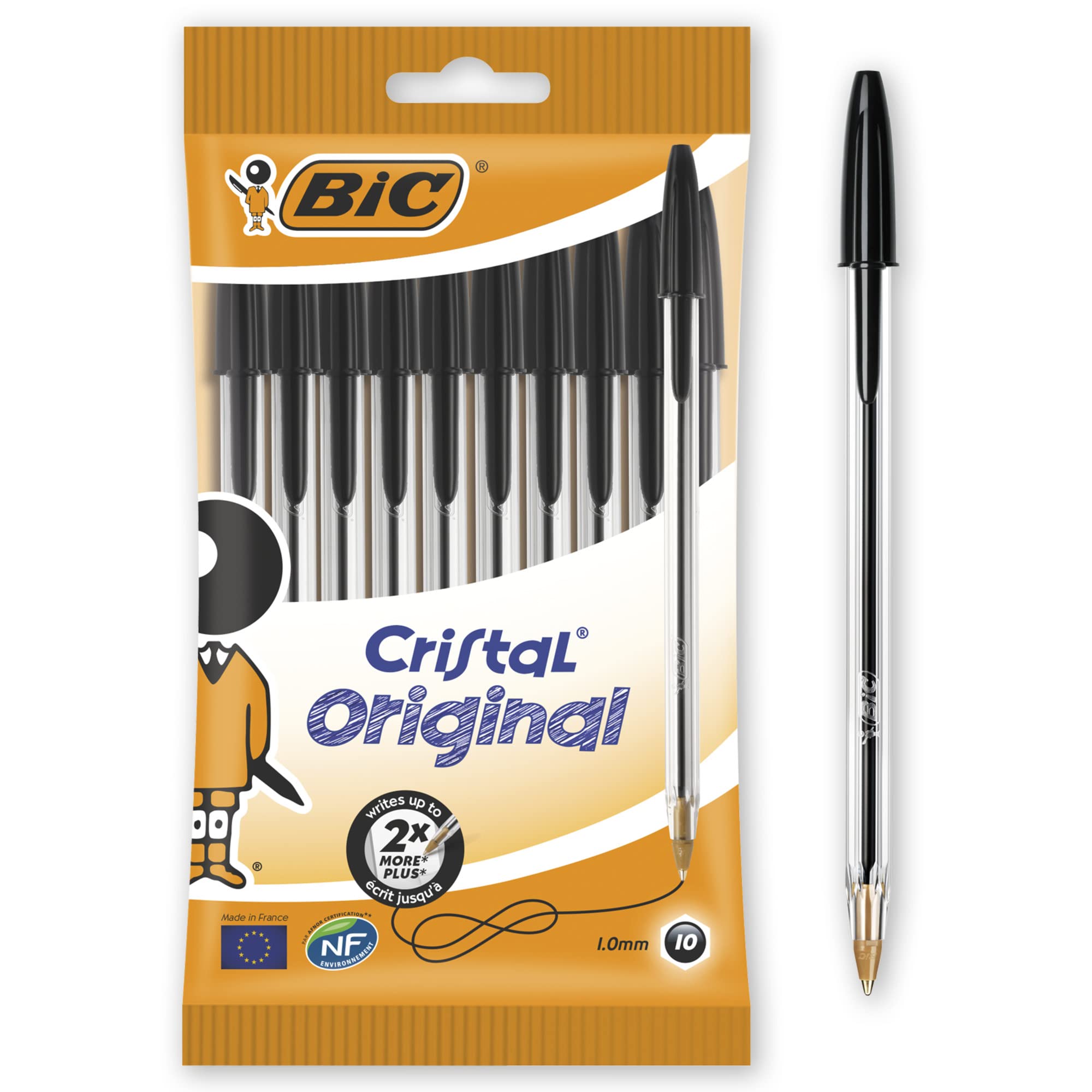 BIC CRISTAL Original Ballpoint Pens - Medium Point (1.0mm), Black Ink, Smudge-Free, 10 Count Pack