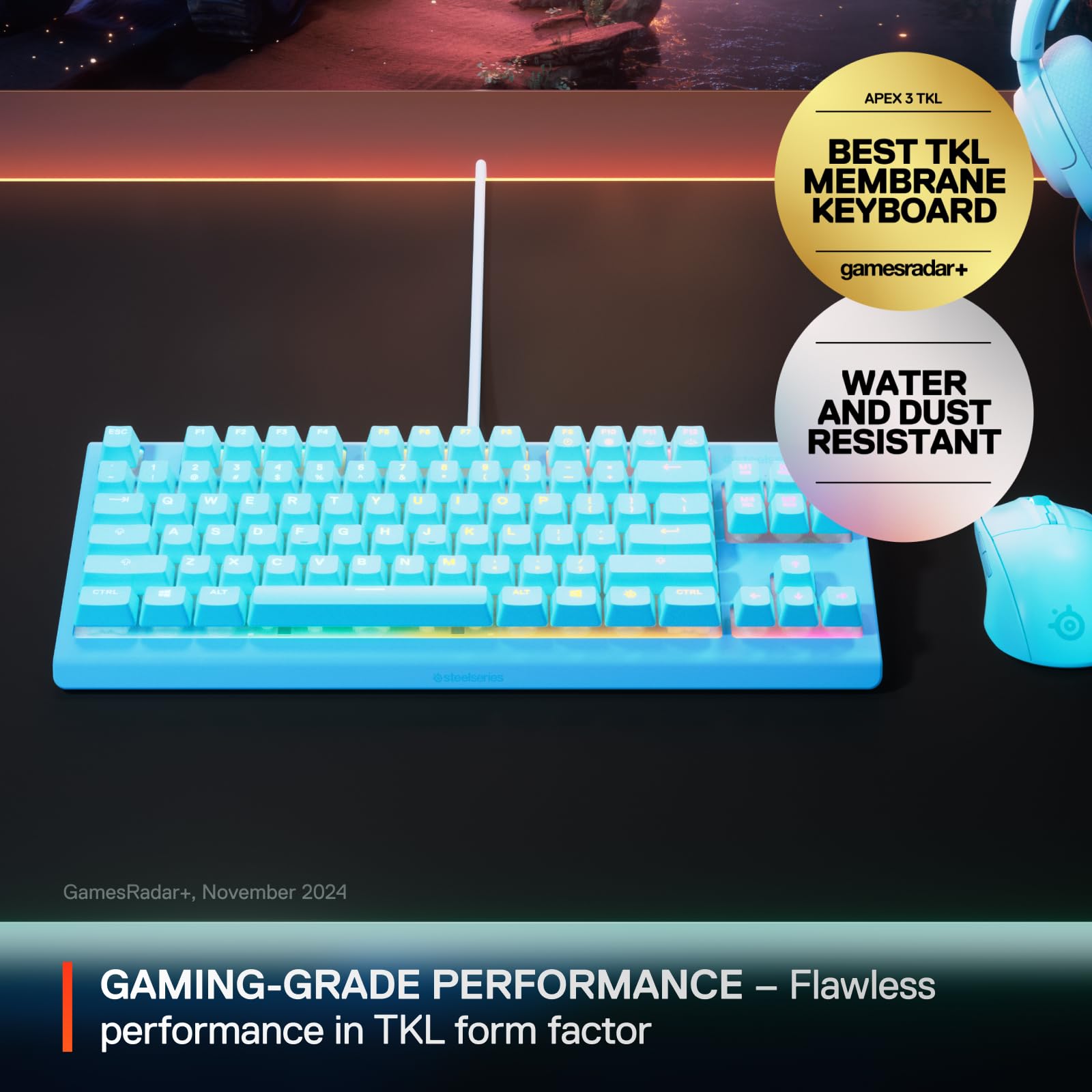 SteelSeries Apex 3 TKL Aqua Gaming Keyboard - TKL, RGB Illumination, USB