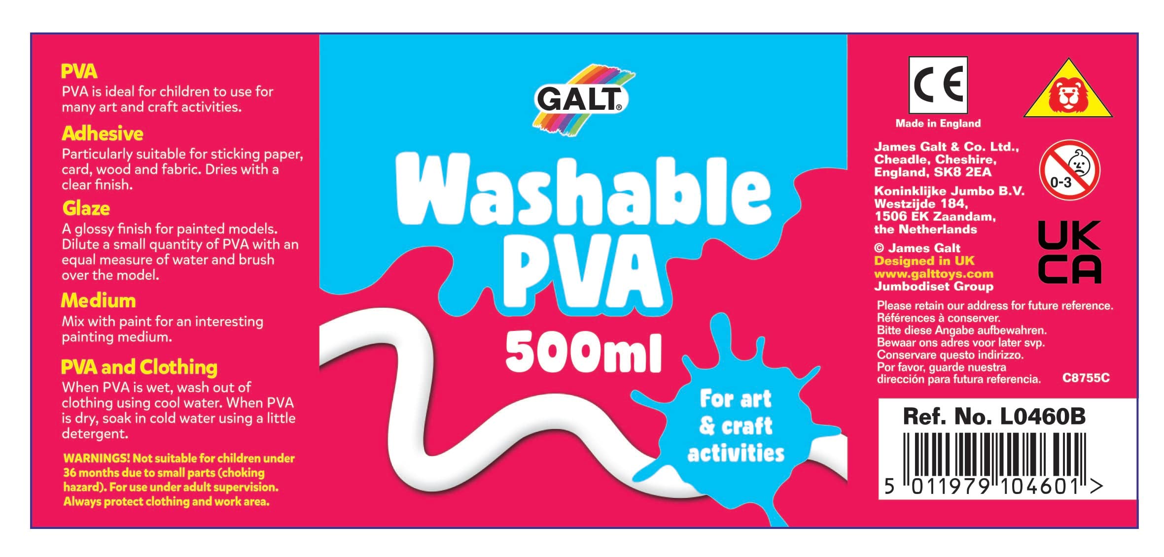 Galt Washable PVA Glue - 500ml Clear Finish | Slime Making & Crafting | Ages 3+ 4