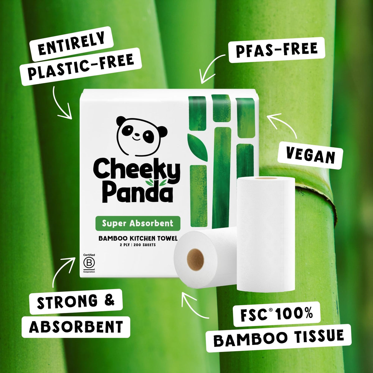The Cheeky Panda Bamboo Kitchen Roll - 2 Rolls, 200 Sheets